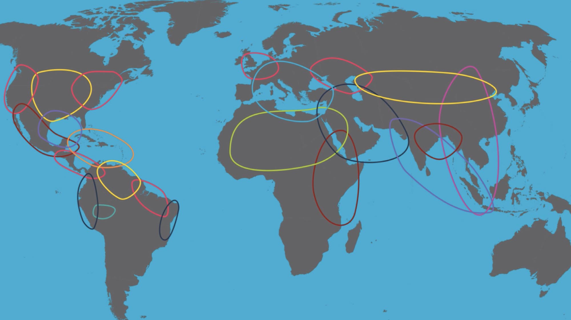 A map of the world with various colorful lines indicating trading circuits.
