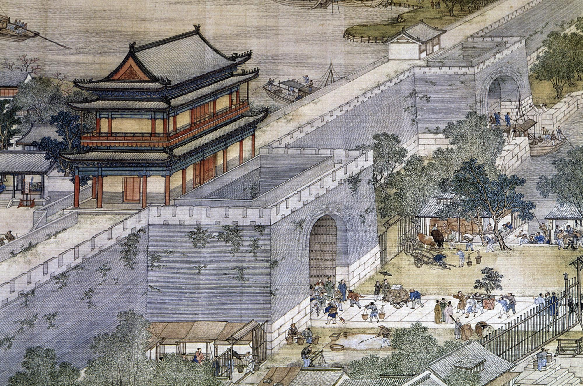 Painting depicting people going about their daily lives along a city wall which the river passes through.