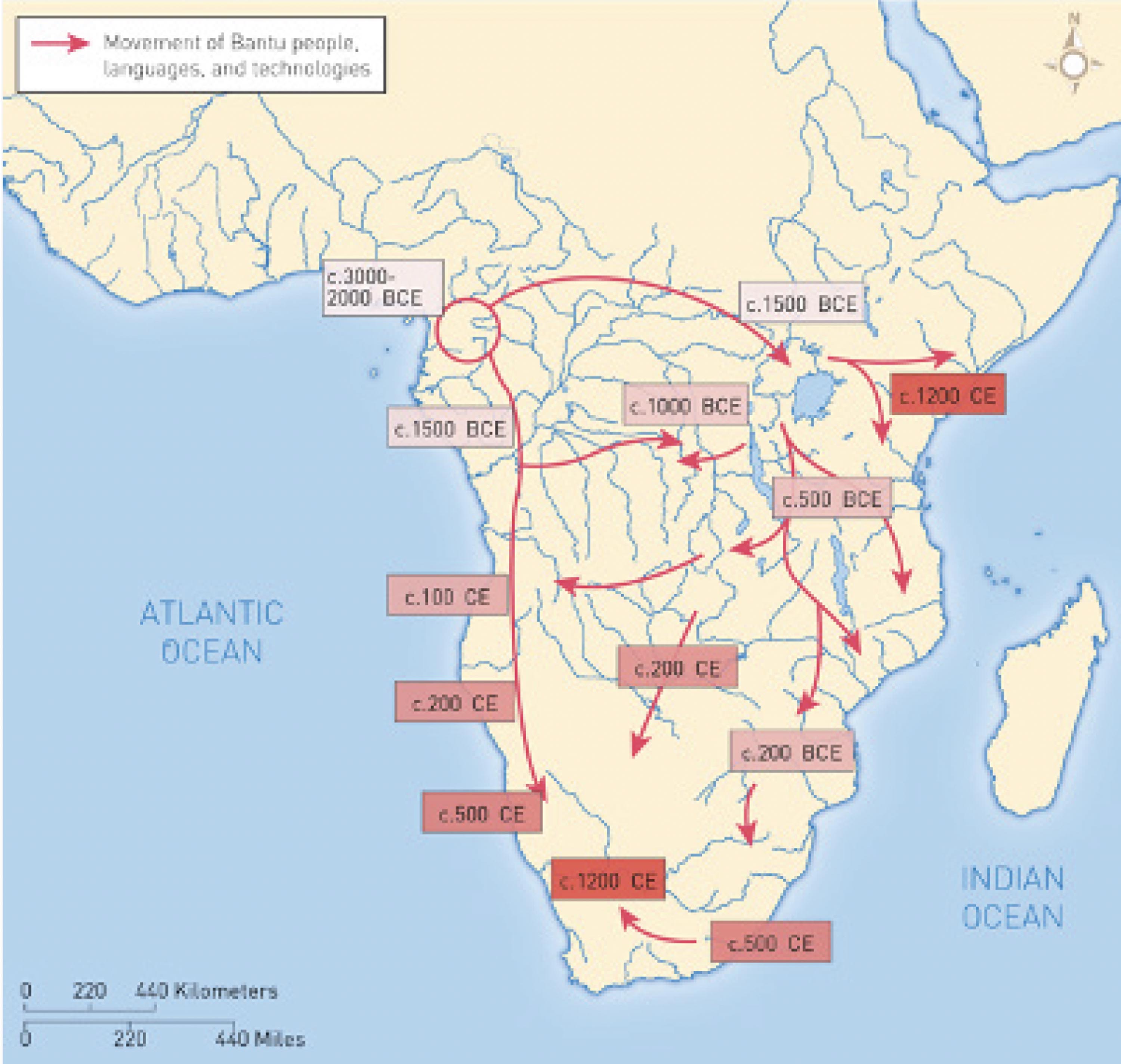 Map of Central, East, and Southern Africa with red arrows and dates marking the movement of Bantu people, languages, and technologies.