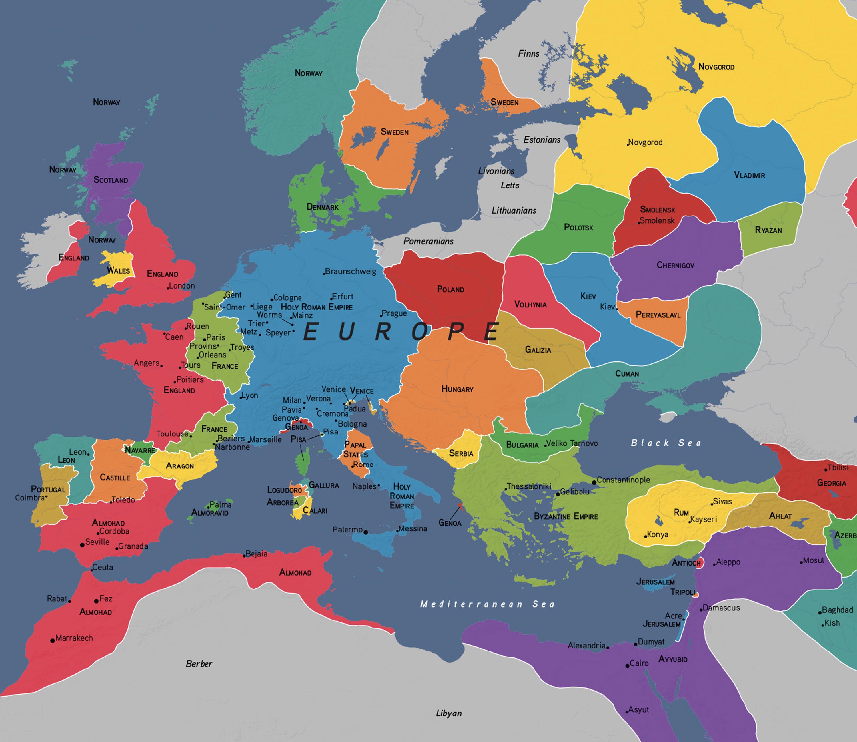 Map of Europe organized by many colors.