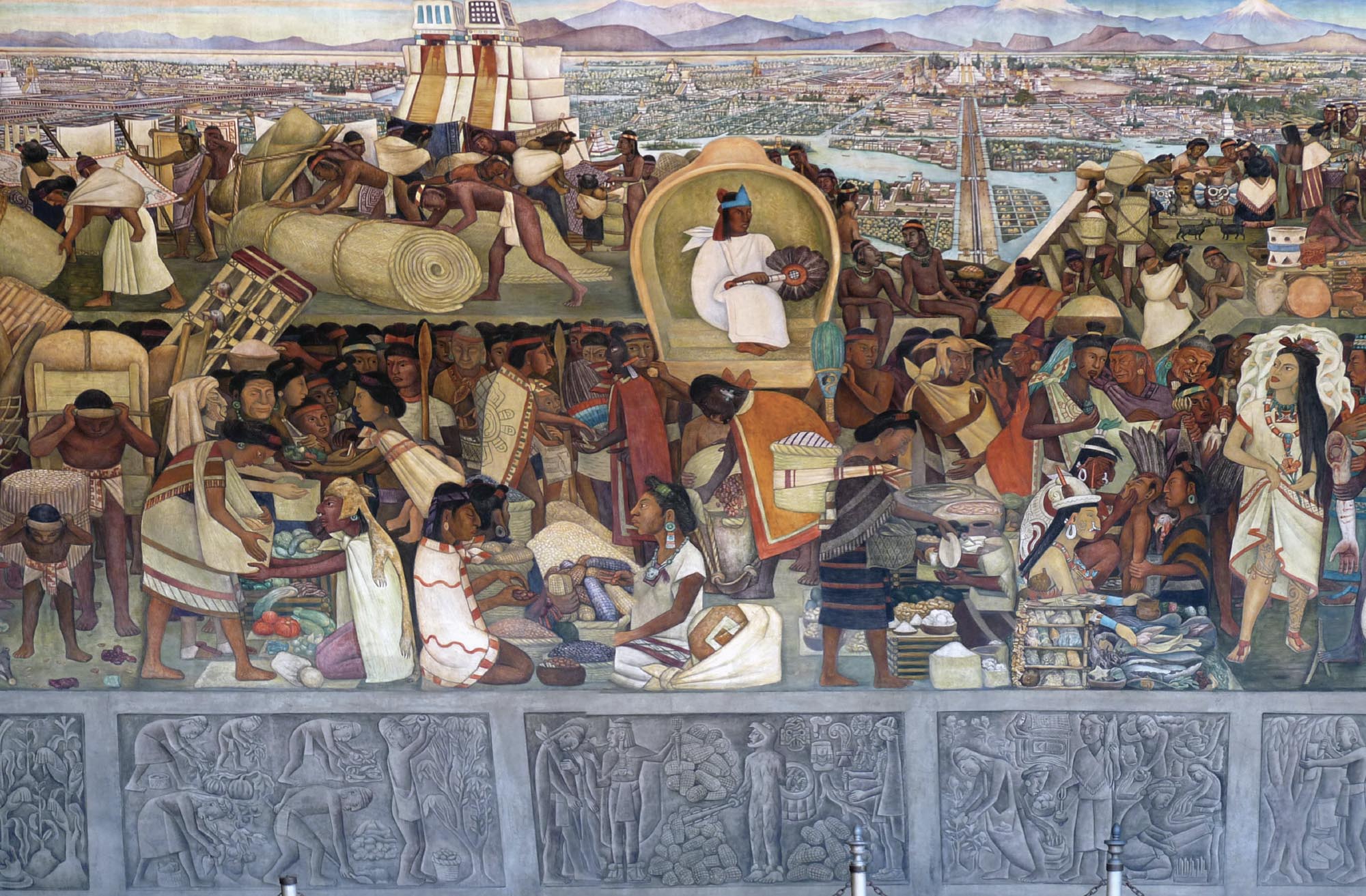 Epic mural of new world traders at market with a variety of goods.