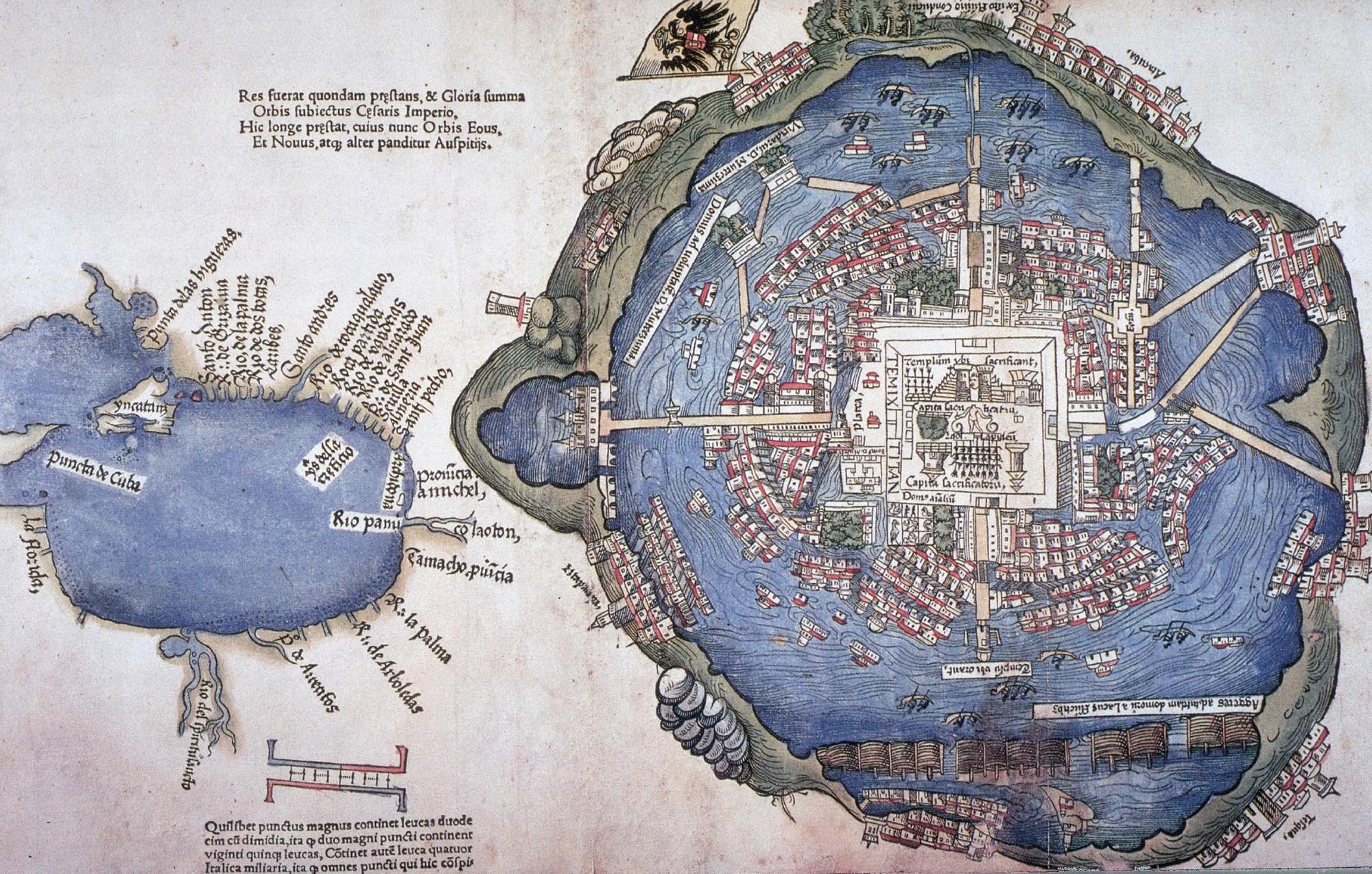 Map of a large city built on an island on a lake connected to the mainland by long bridges.