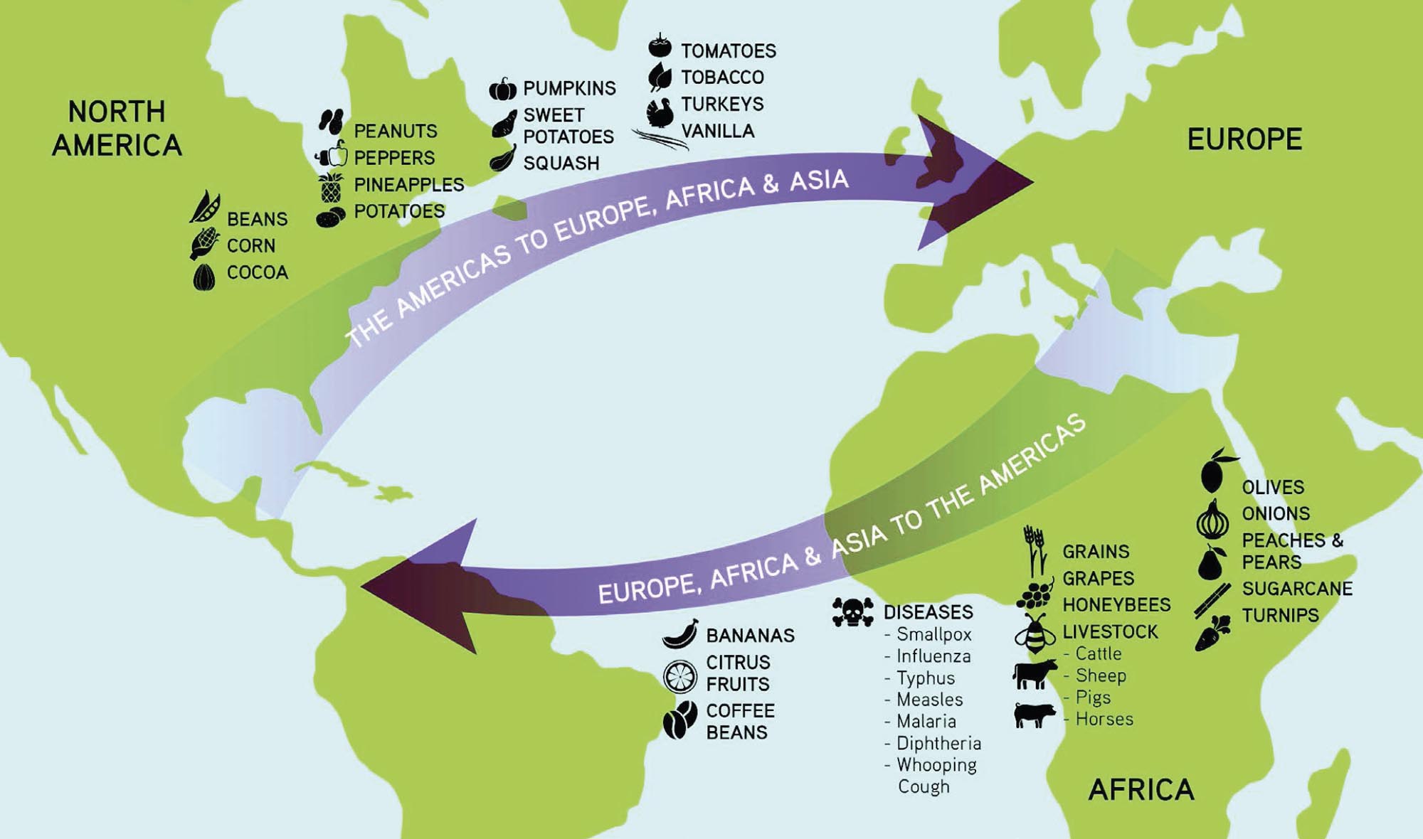 Animated map shows the exchange of goods, crops, and diseases from Europe, Africa, and Asia to the Americas, and vice versa.