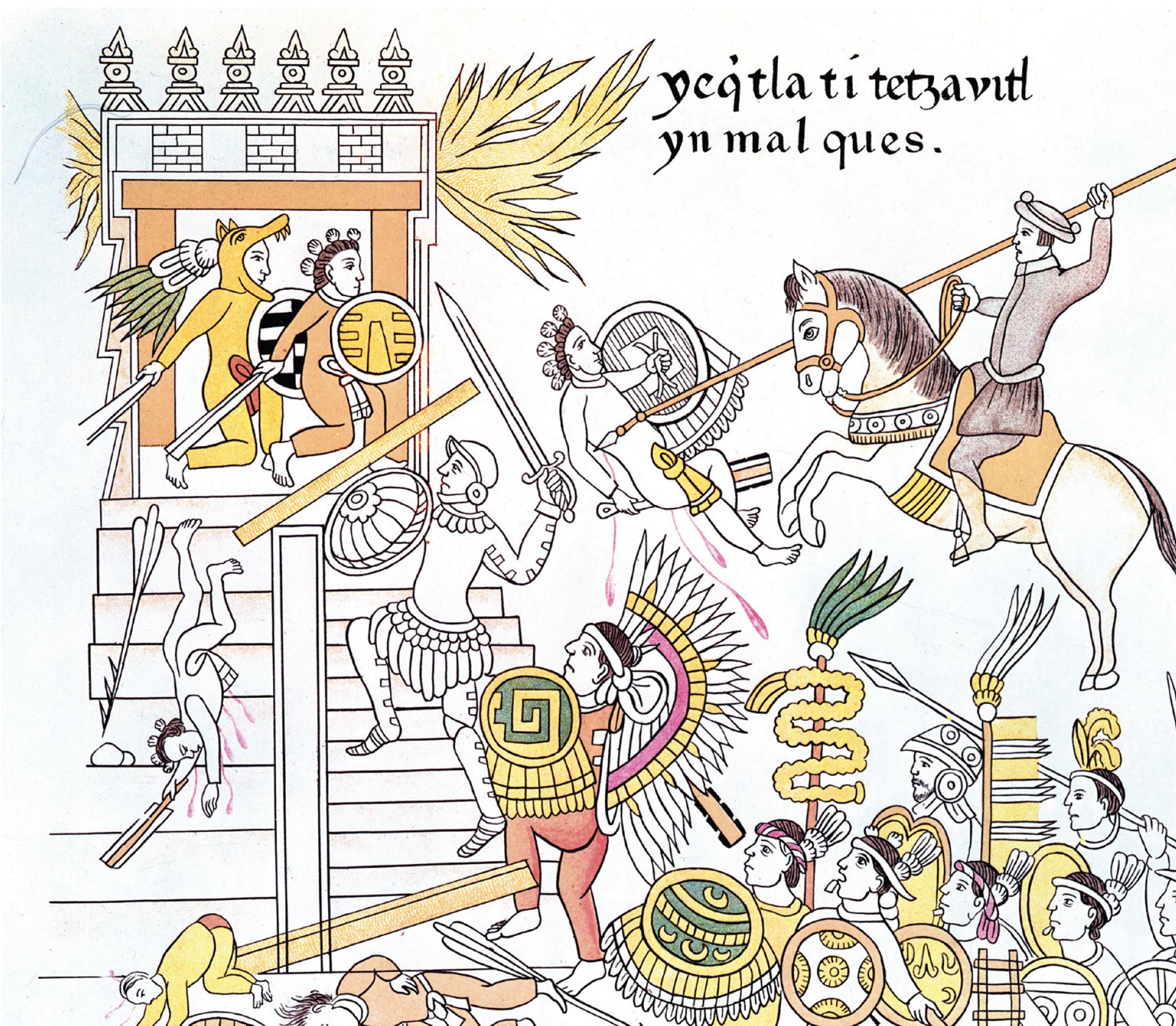 A drawing depicts an interaction between the Spanish and the Aztecs. A man on a horse has killed an Aztec warrior.