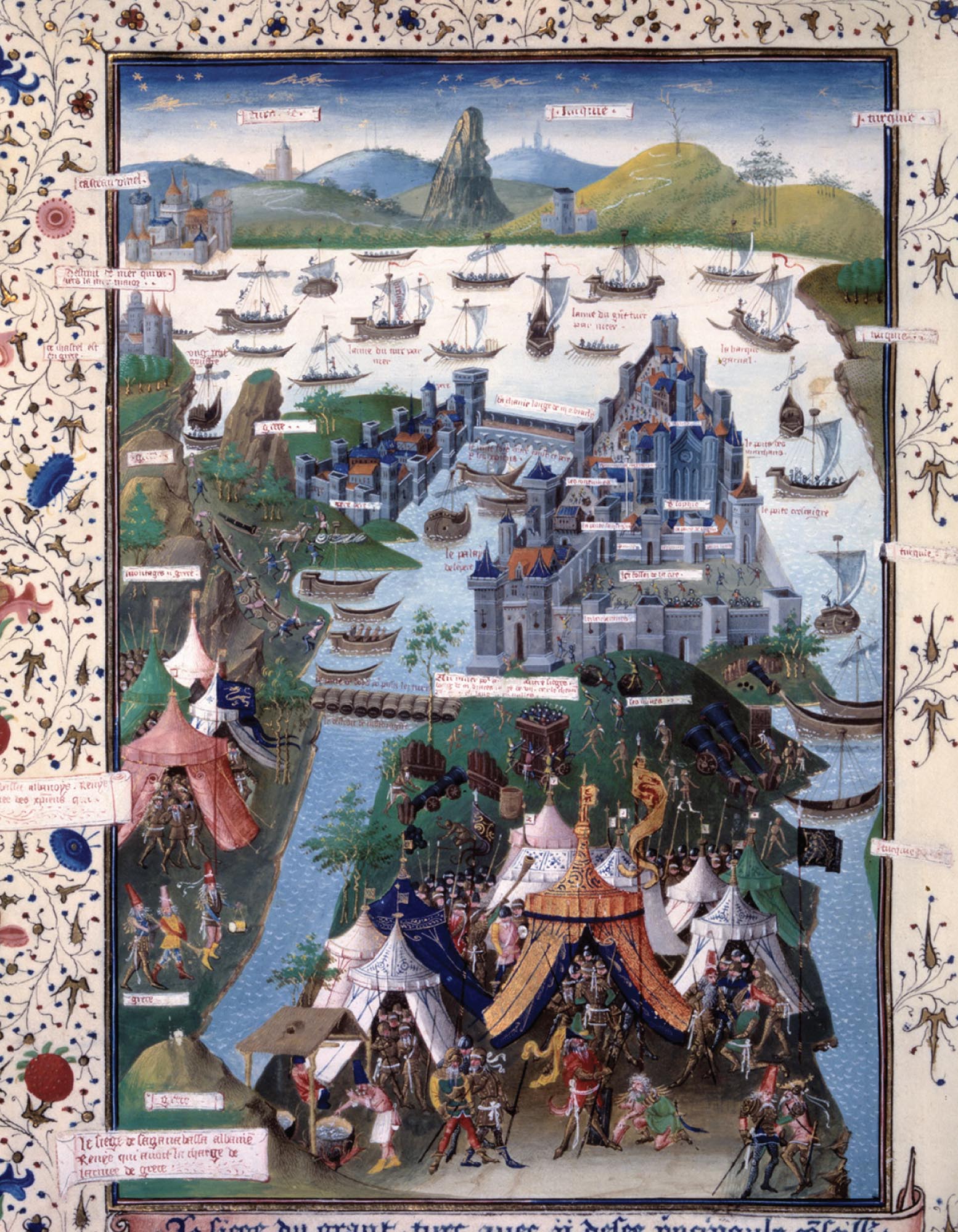 Painting of an army camped out around a walled city that is under siege.