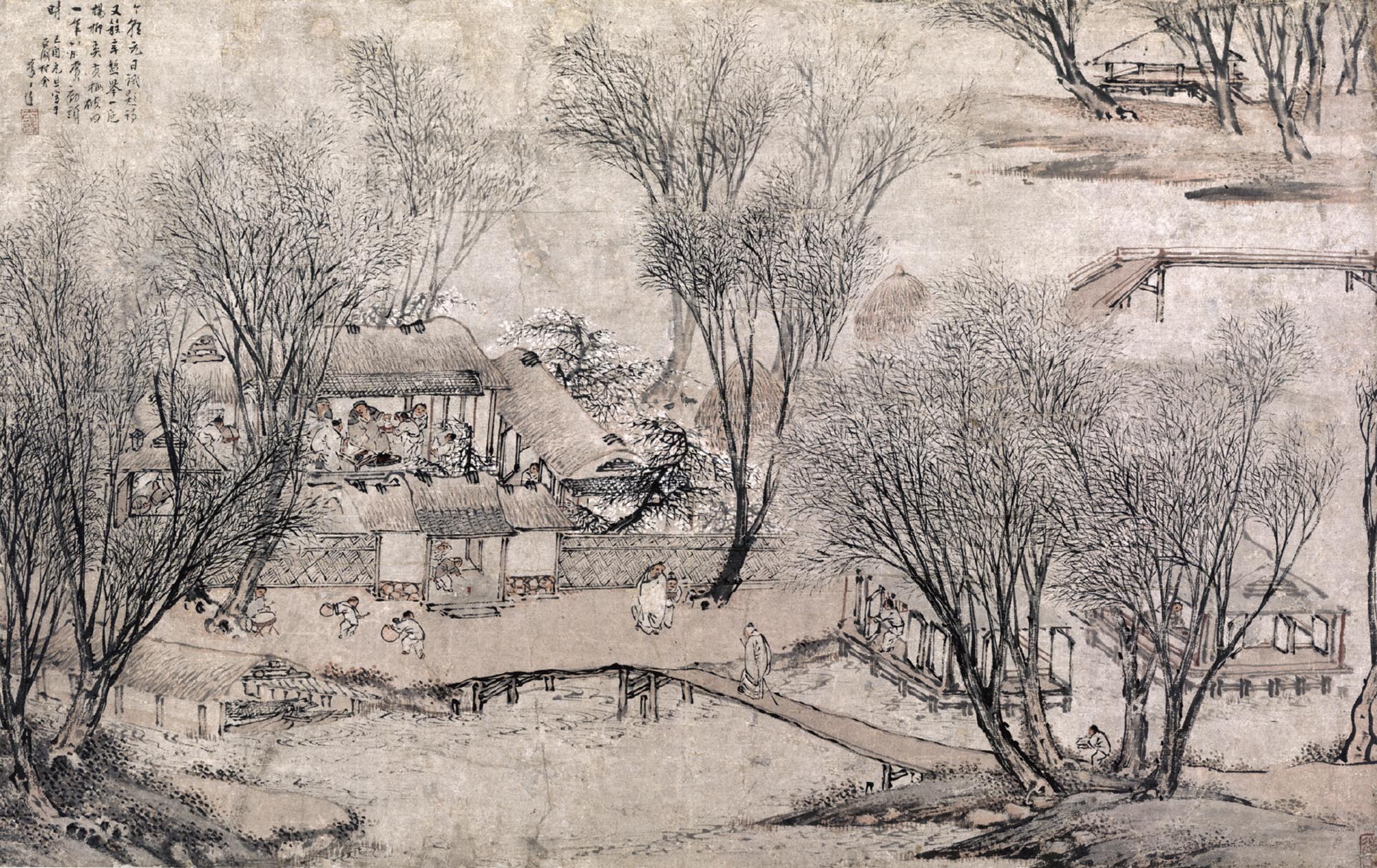 A detailed painting depicts a bucolic agricultural village scene. A villager crosses a bridge. Trees and houses with other villagers walking along roadways.