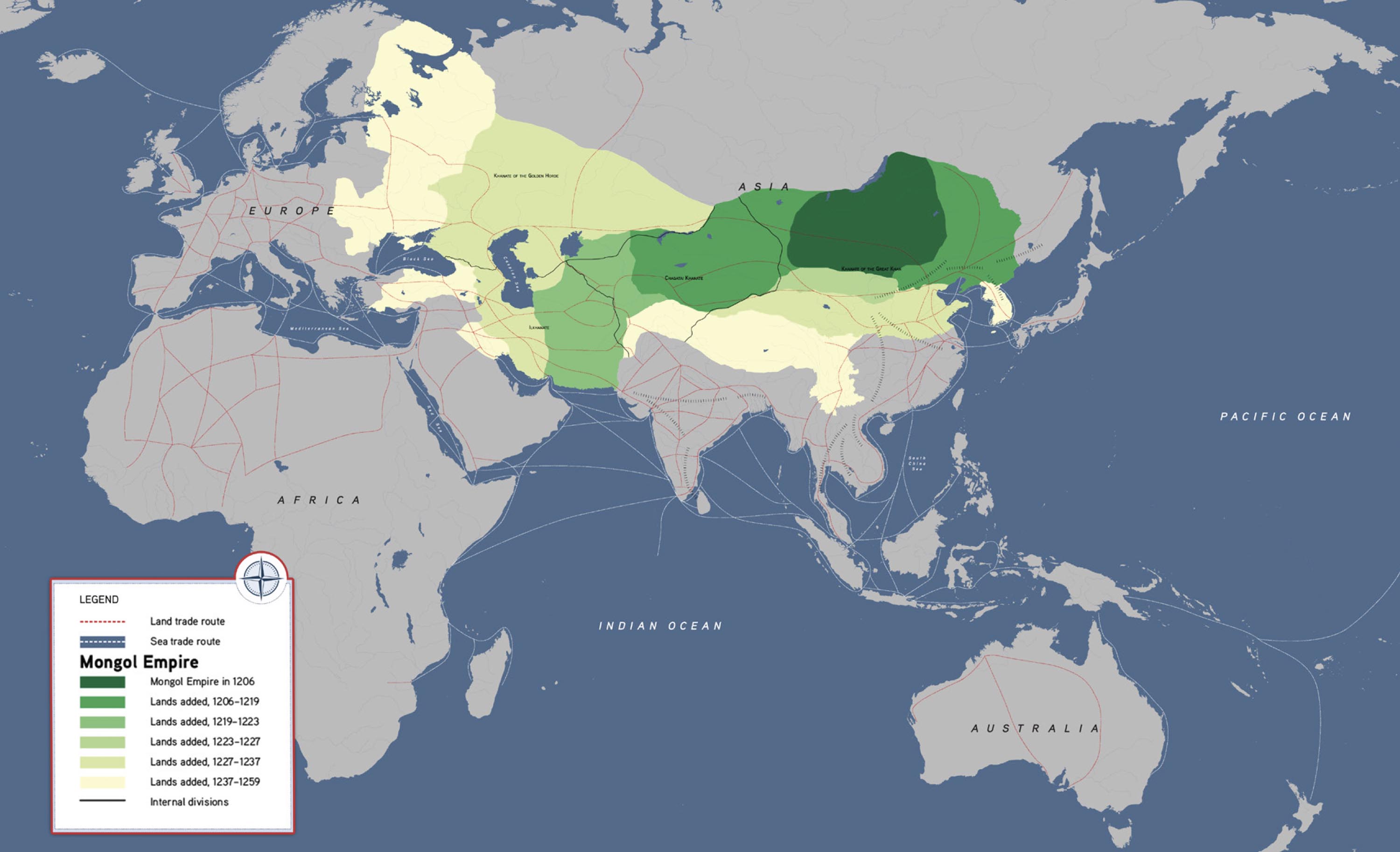 A map shows the expanse of Mongol territory in relation to Europe and India.