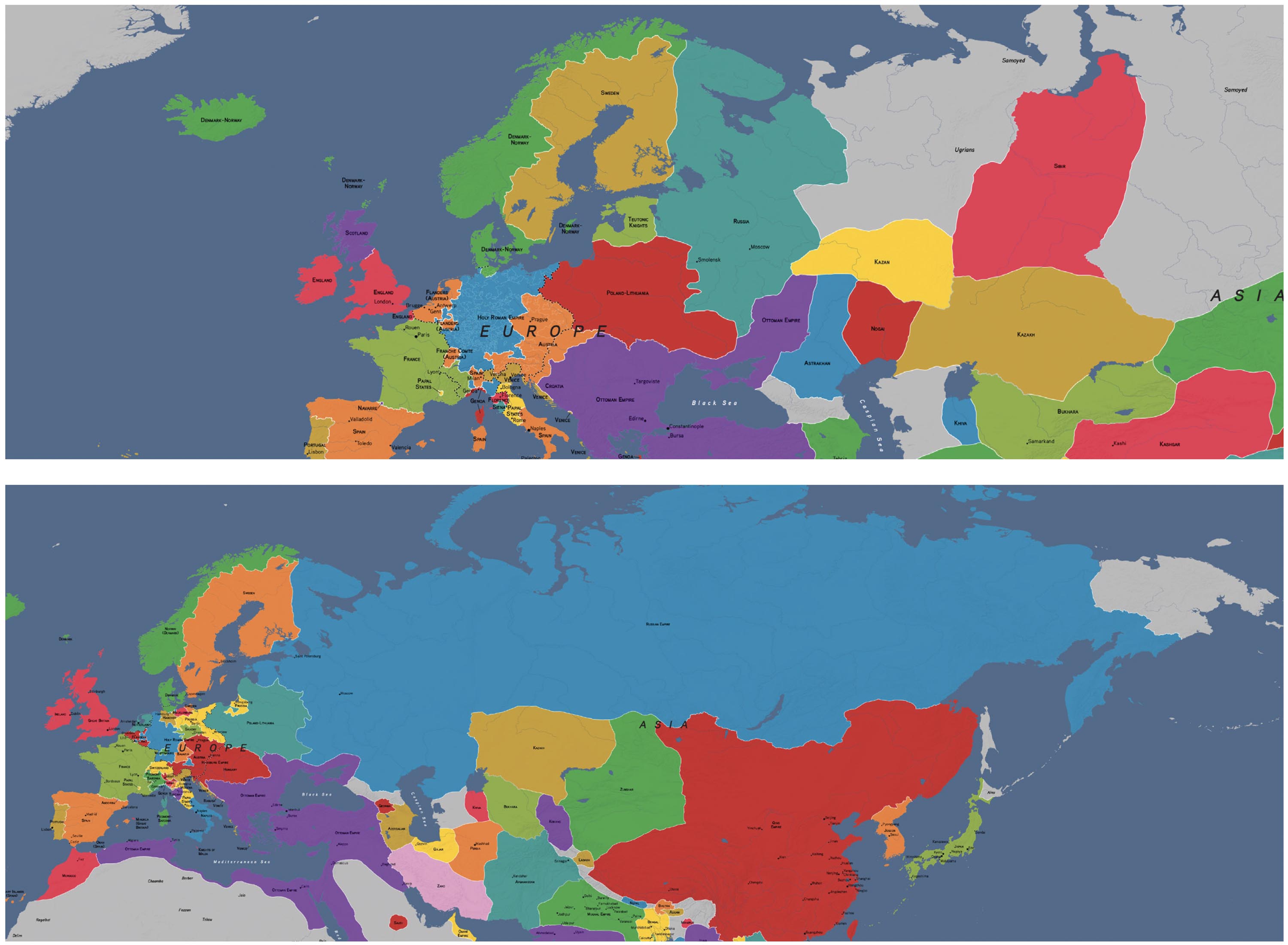 Maps showing Russian empire in 1550 and  1750.