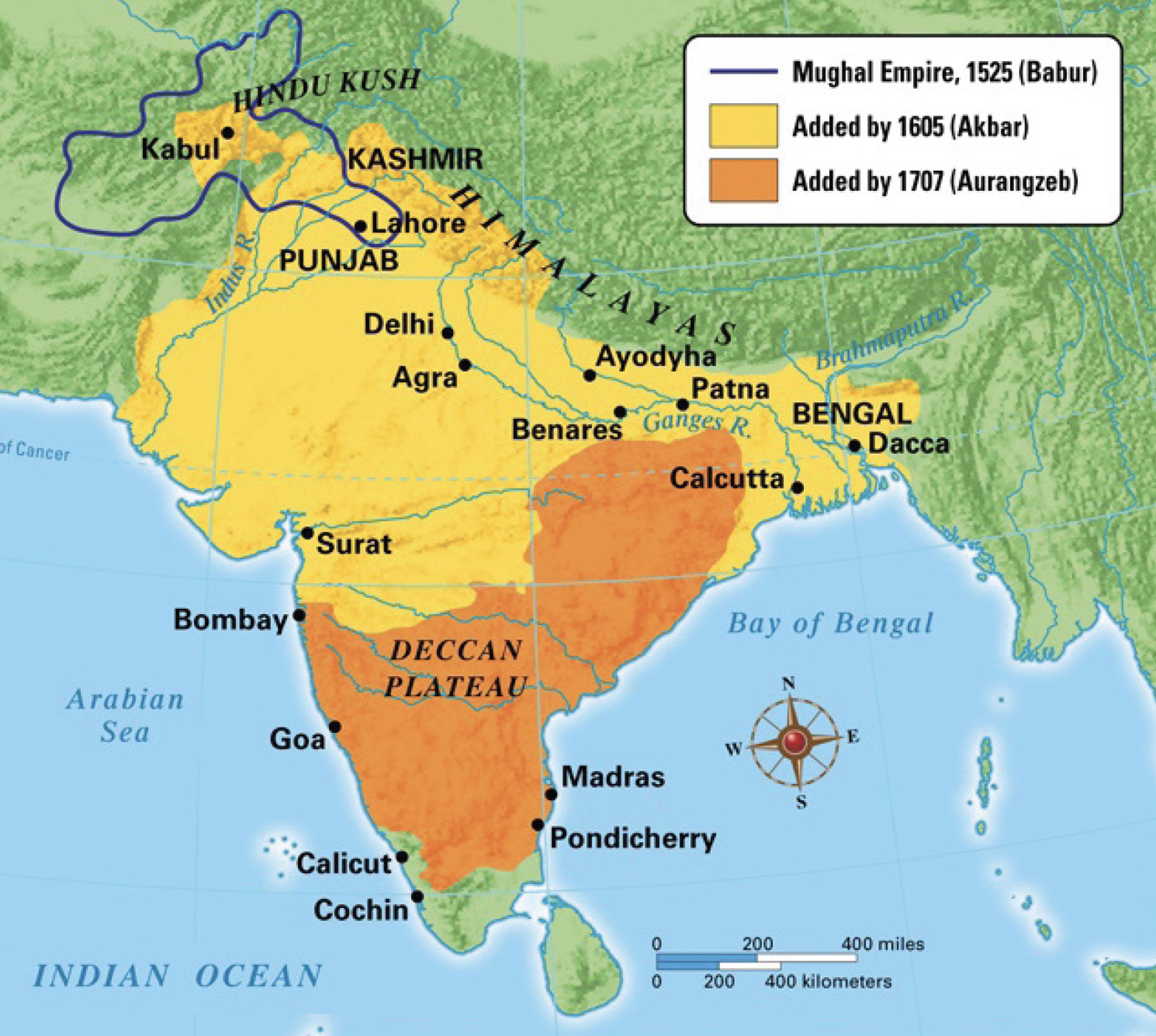 Map of the Mughal Empire showing the extent of its expansion over a couple hundred years from present day Afghanistan into India.   