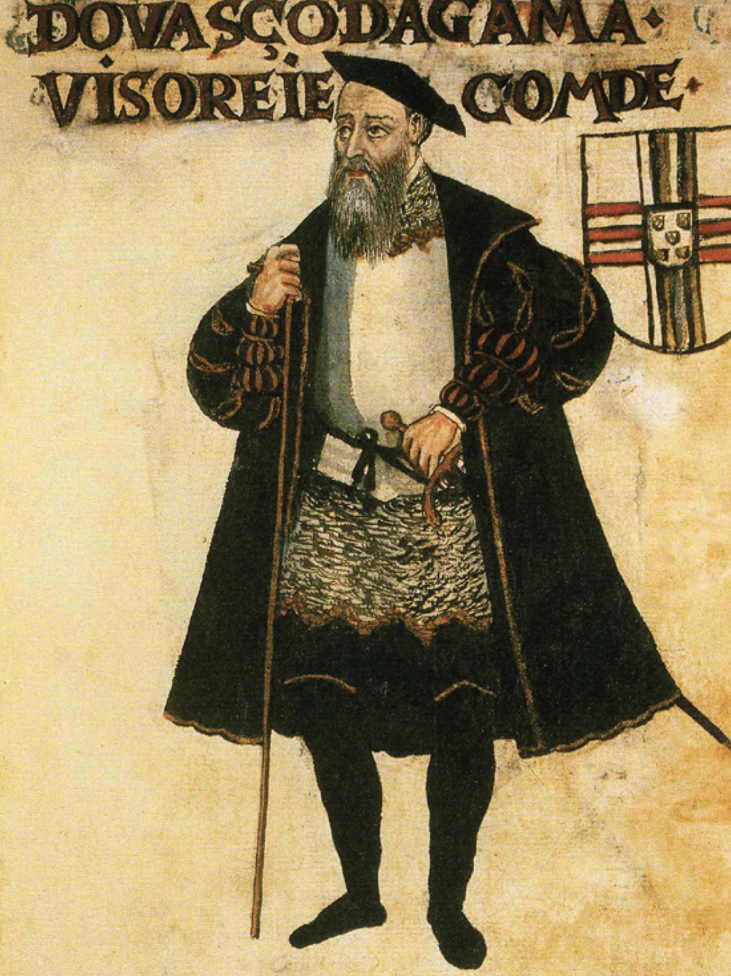 Painted portrait of Vasco de Gama dressed in a long black coat and carrying a sword and wooden staff.