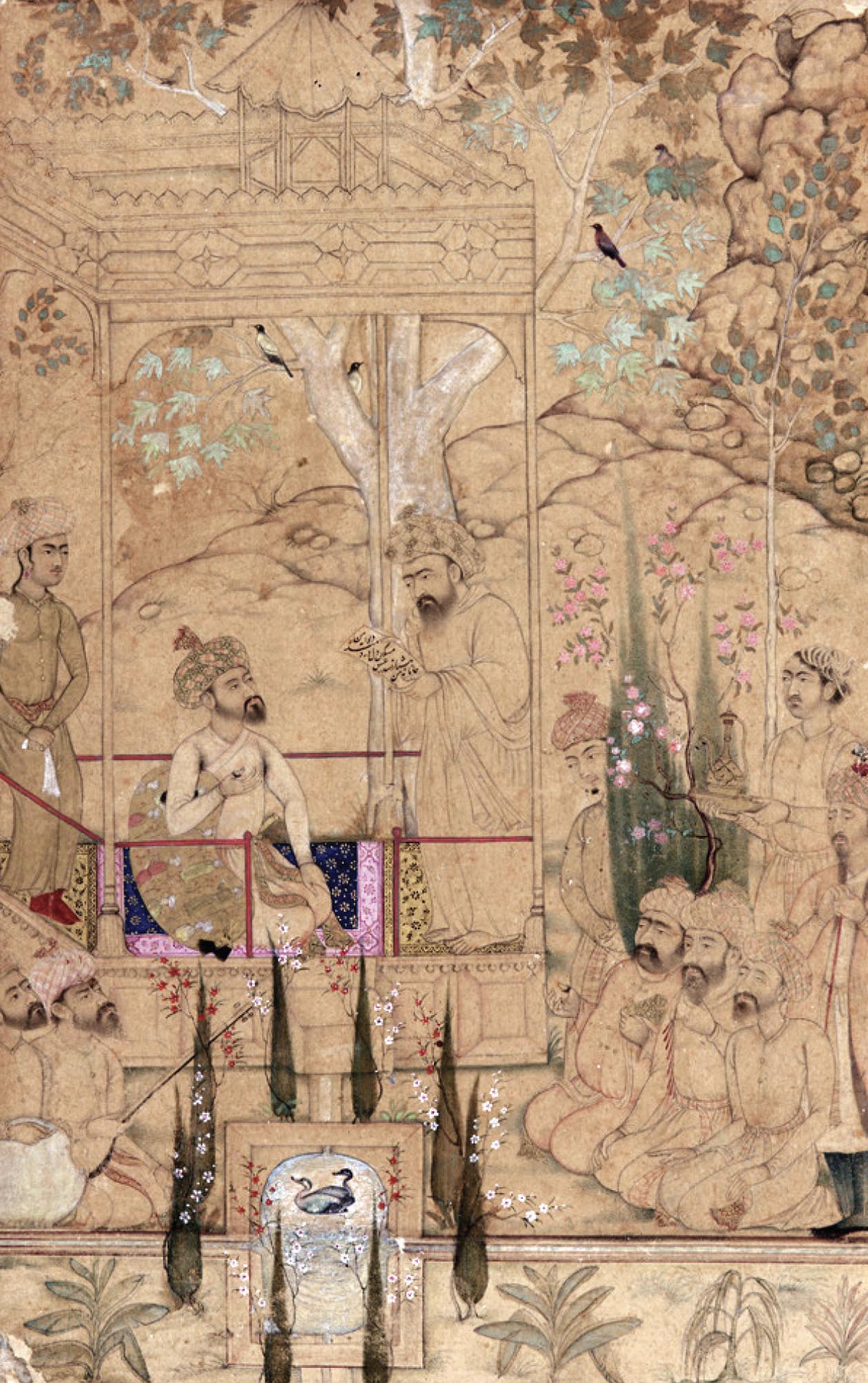 Picture of the Mughal emperor Babur sitting in a garden surrounded by his attendants.