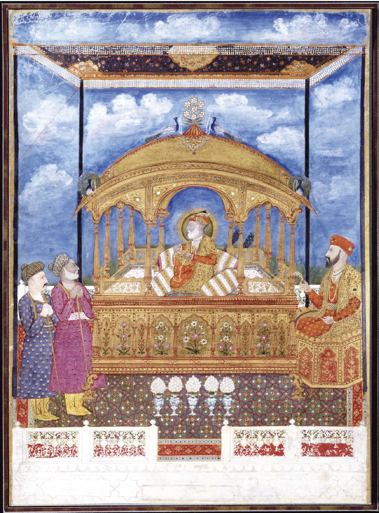 Painting of the Mughal emperor seated on a grand, golden throne adorned with flowers and peacocks.