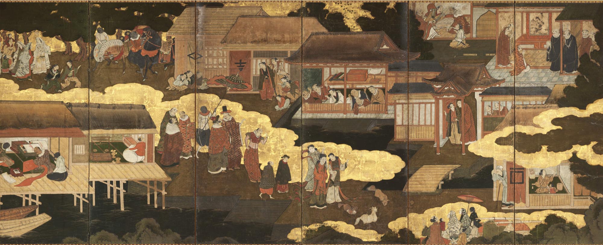 Detailed, paneled painting depicting multiple groups of people greeting visitors in their homes and outside.