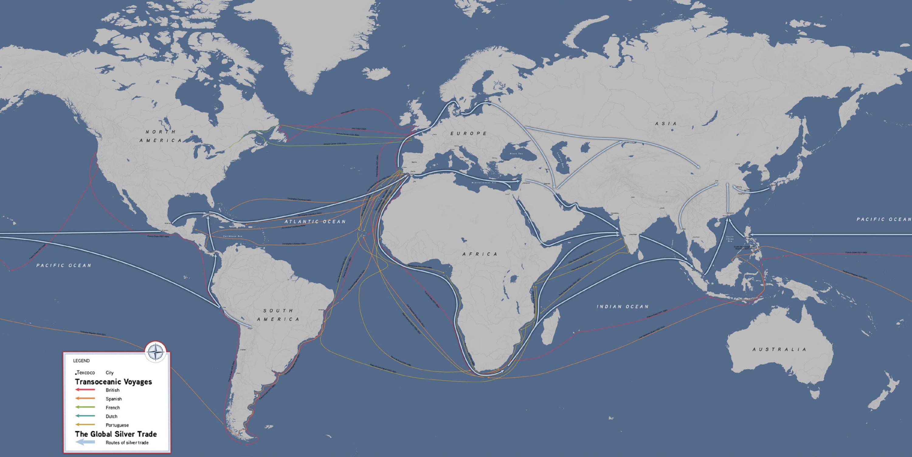 Map shows trade routes of the Dutch East India Company around Africa and Eurasia.