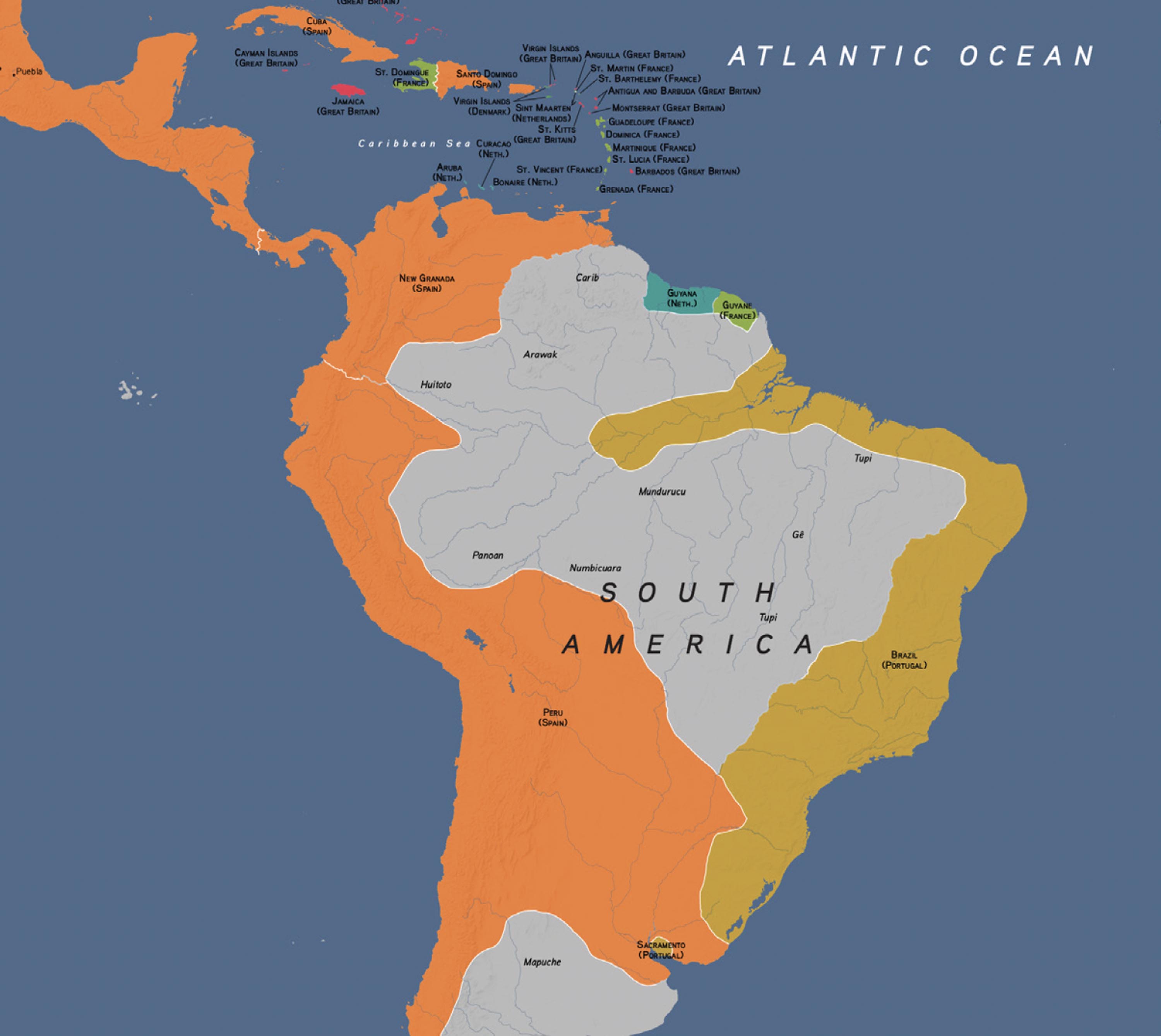 Map showing the territory of the Viceroyalty of Peru which covers the majority of South America.