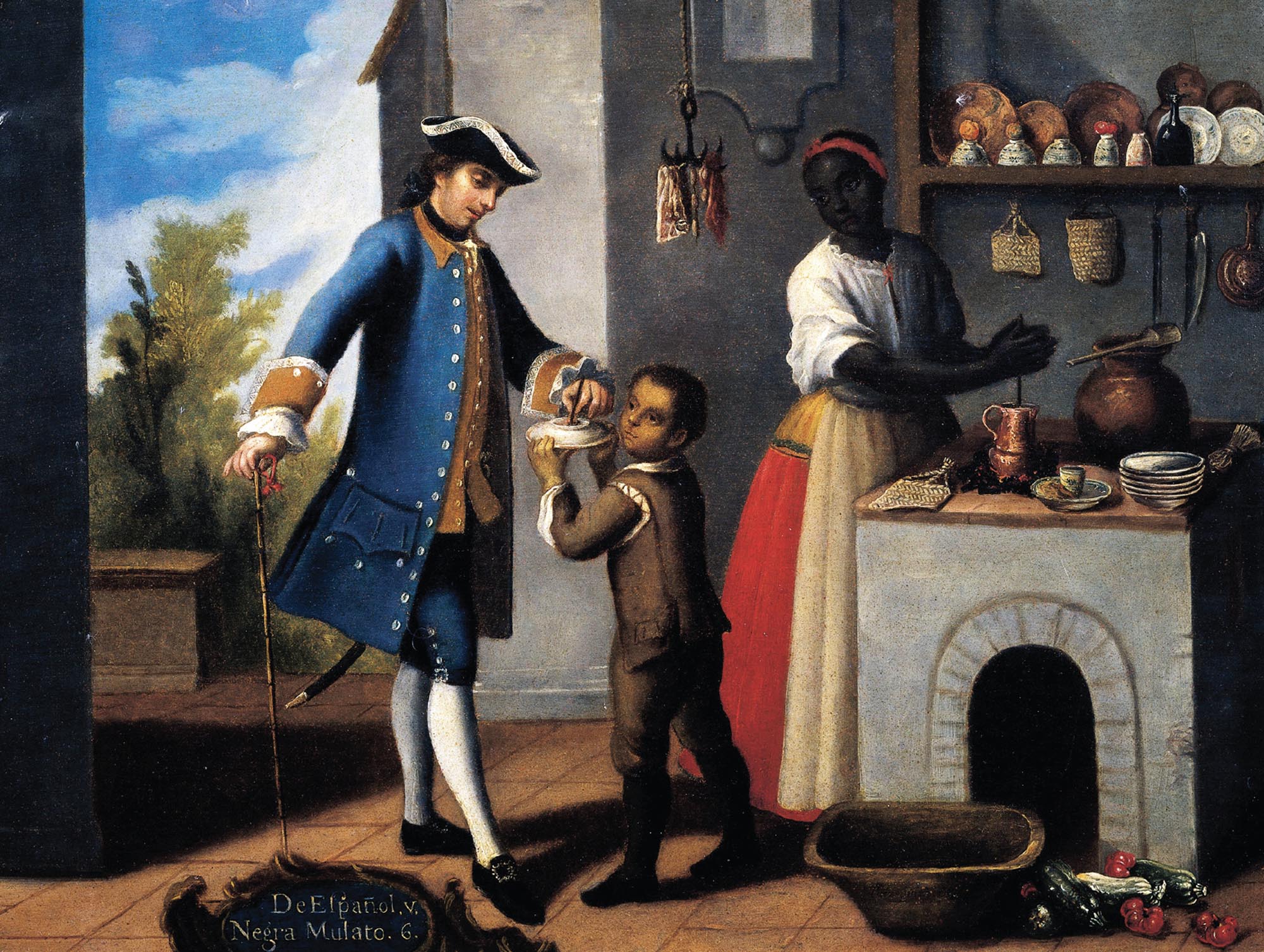 Painting depicts a white Spanish man standing next to a Black African woman with a child of mixed Spanish and African heritage. The child is holding a bowl.