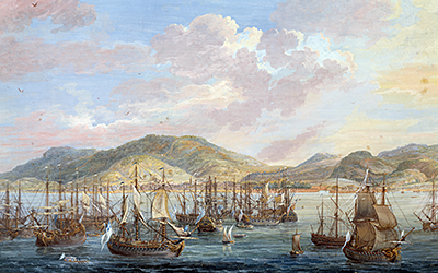 Painting "View of the city of The Cap francais (Cap de la Republique), sea view in Saint Domingue" by Louis-Nicolas Van Blarenberghe 
