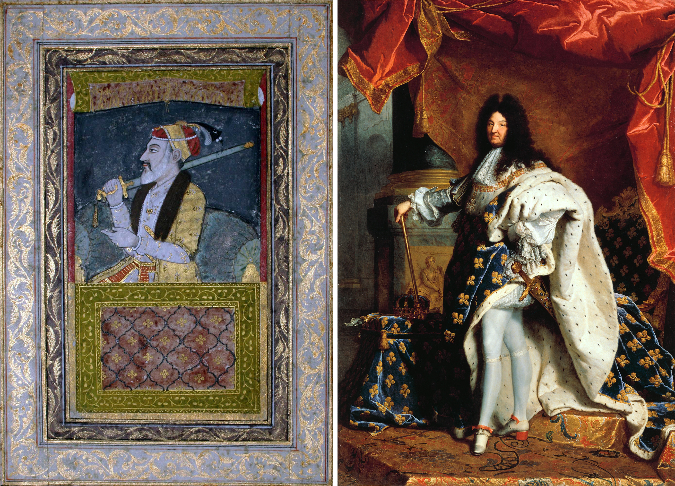 Left: portrait, in profile, of Aurangzeb, the Emperor of the Mughal Empire holding a sword with decorative elements and border. Right: portrait of King Louis XIV of France dressed in extravagant furs and robes, standing among opulent tapestries.