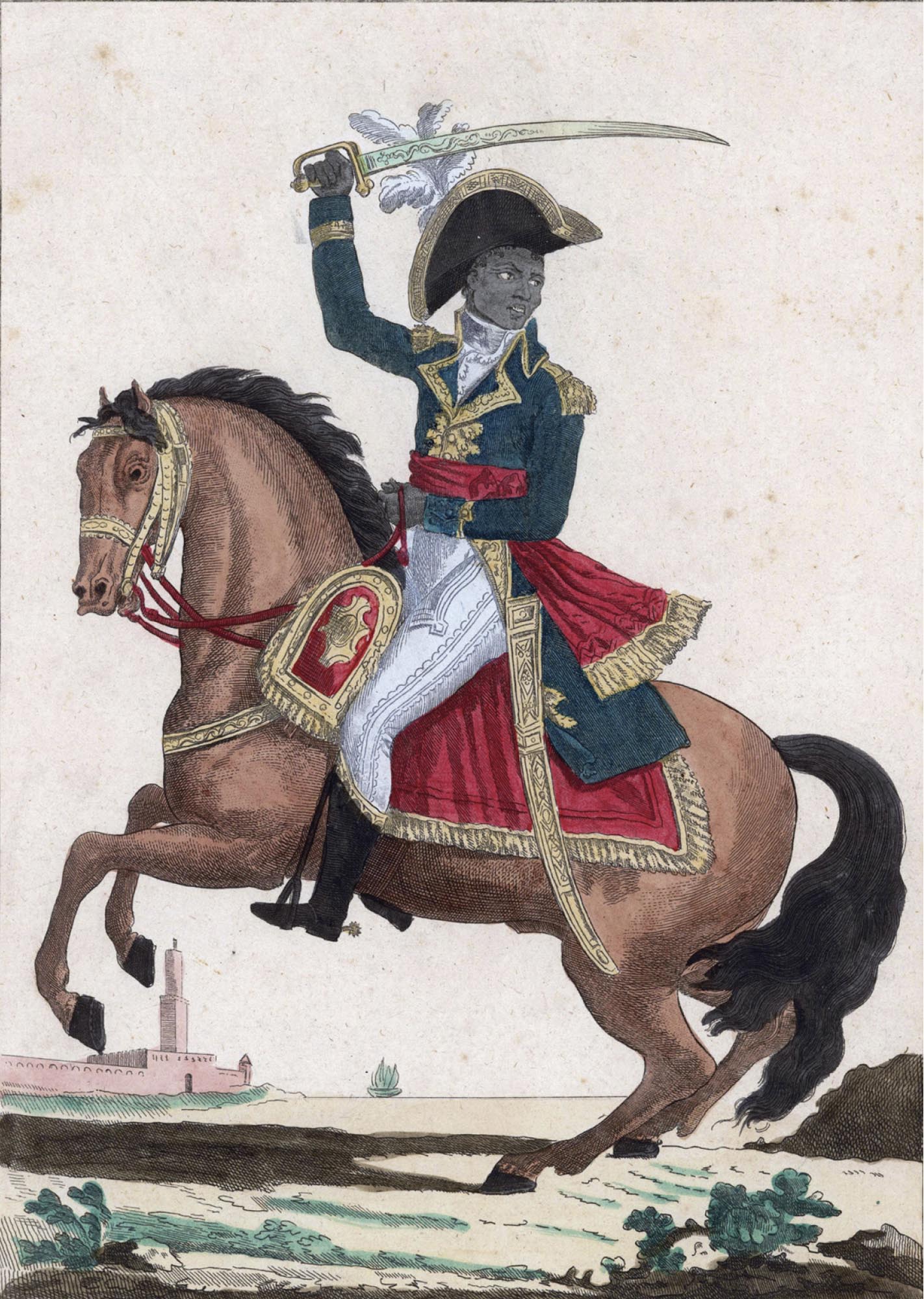 A man on horseback holds up a sword. He is wearing a detailed French-style uniform, including a hat with a large feather.