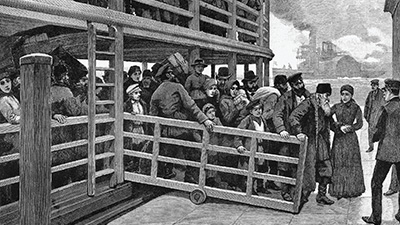 Engraving of Russian immigrants descending a gangway to arrive in New York City.