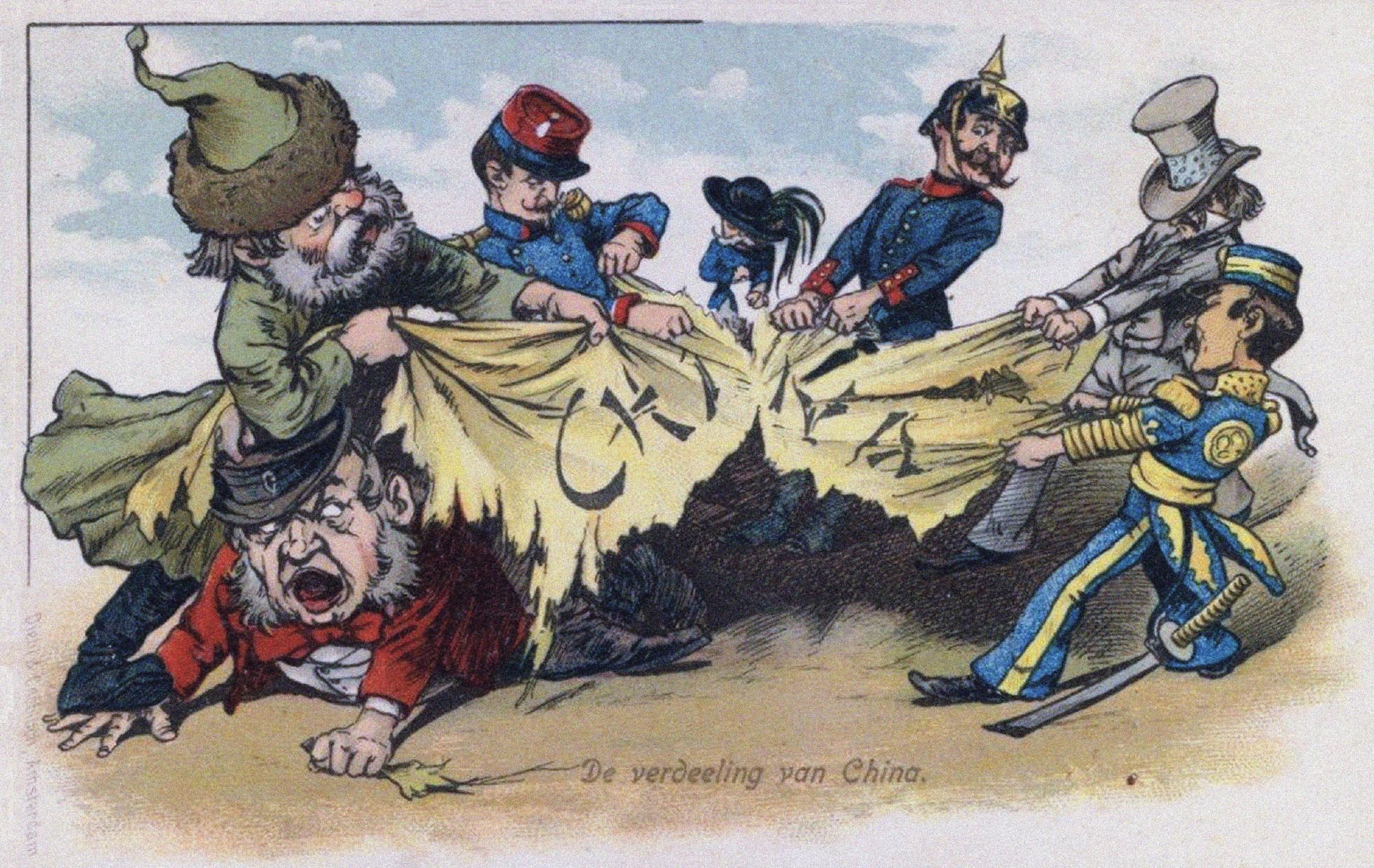 Satirical drawing depicts white men ripping apart and fighting over a piece of paper that reads “China”.