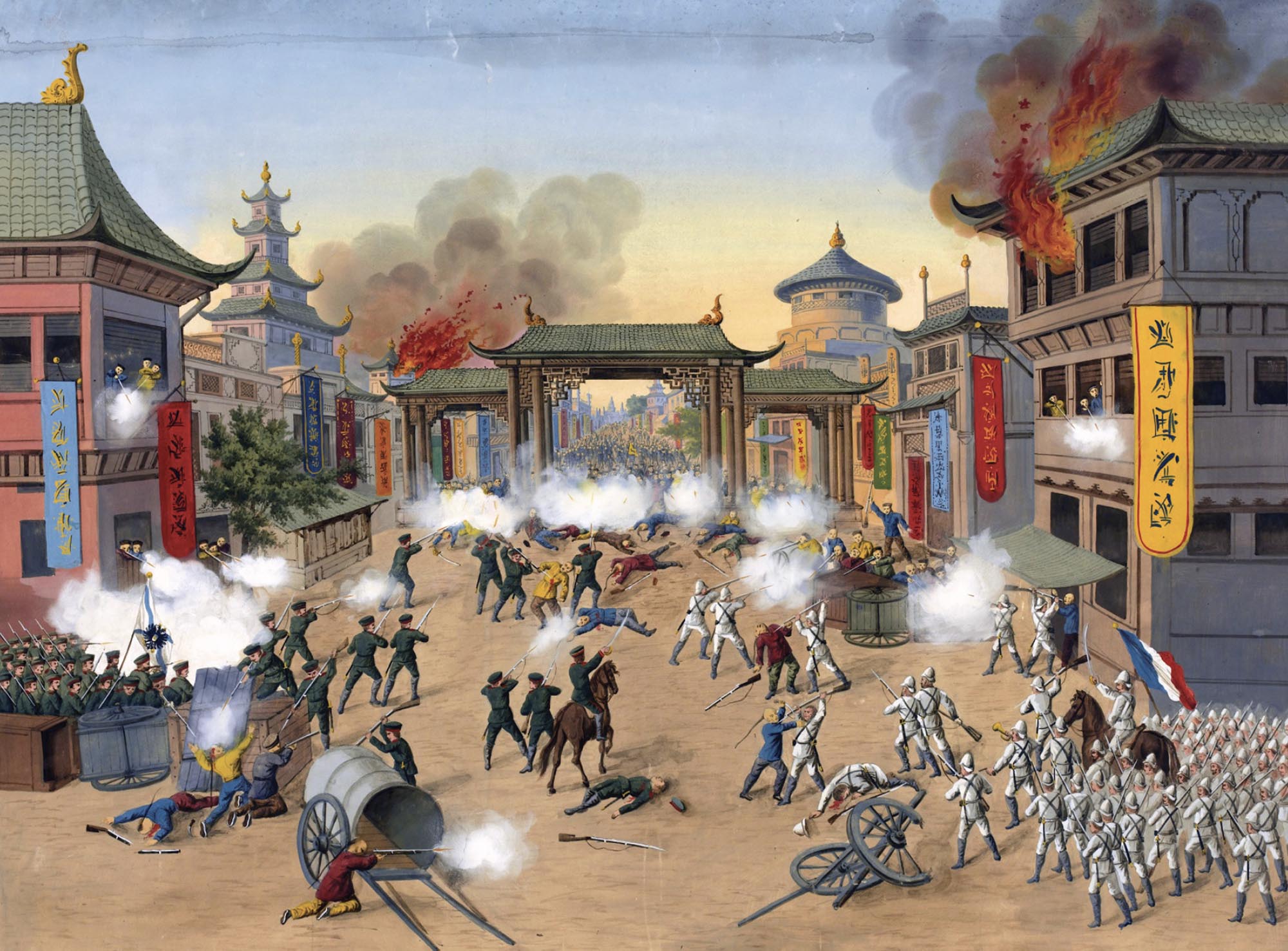 Chaotic street battle scene showing peasant fighting well-equipped and armed soldiers in rows. Explosions, burning buildings, gun smoke, and bodies lying on the ground.