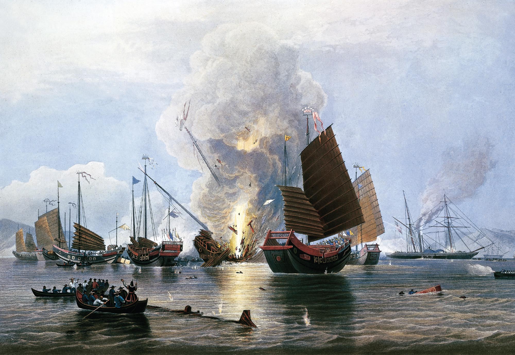 British ships destroying an enemy fleet in Canton during the First Opium War in 1841.