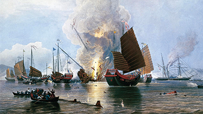 British ships destroying an enemy fleet in Canton during the First Opium War in 1841.