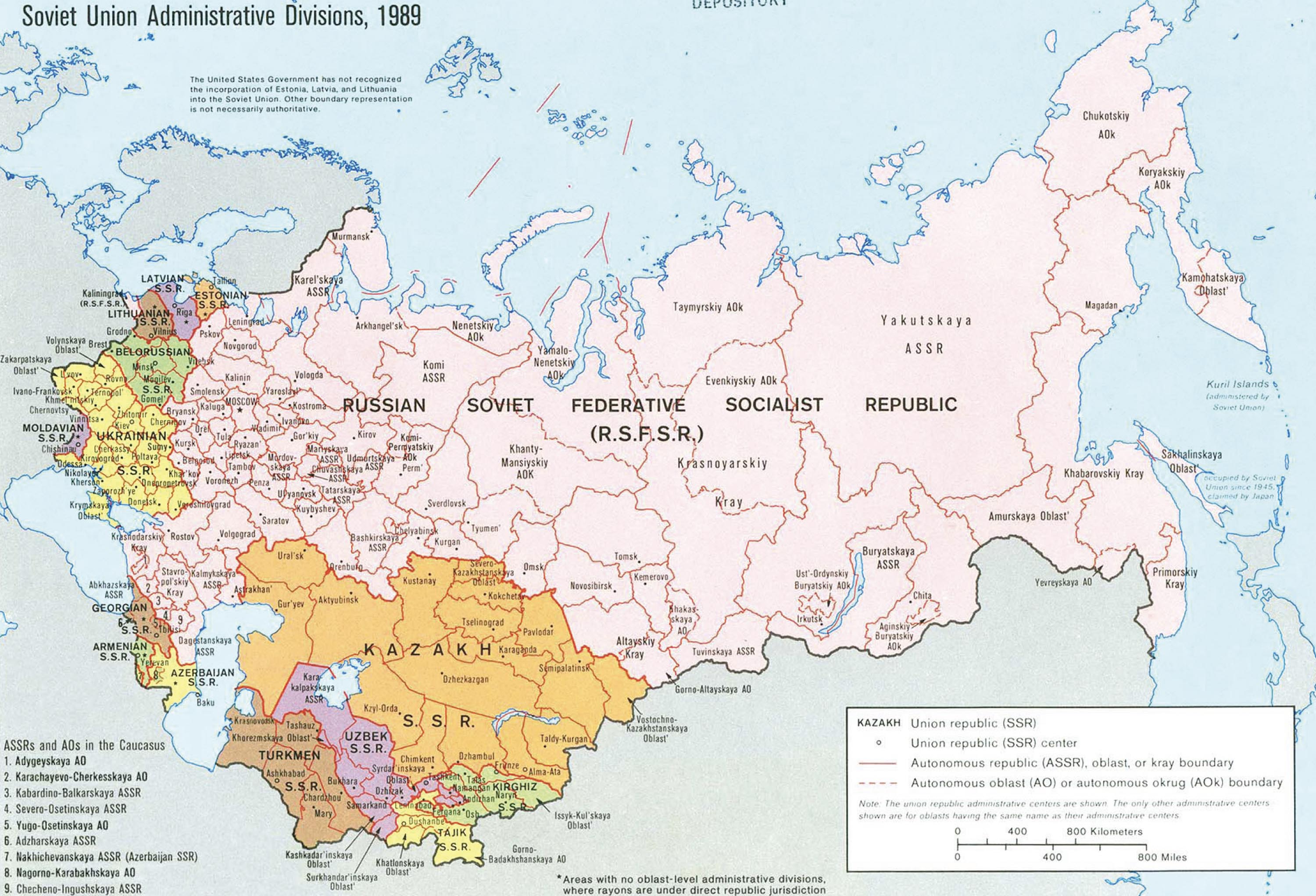 Map of the Soviet Union in 1989 that highlights the added Soviet territories in the East and South.