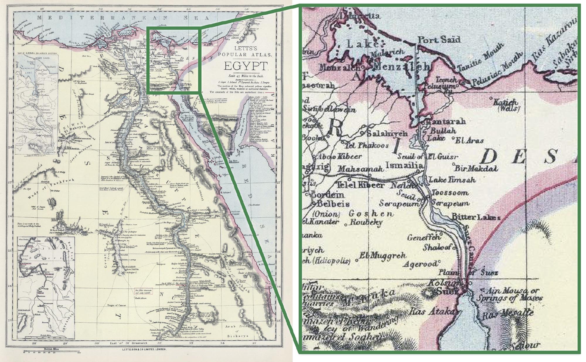 Map of northern Egypt with a zoomed in view of the Suez Canal.