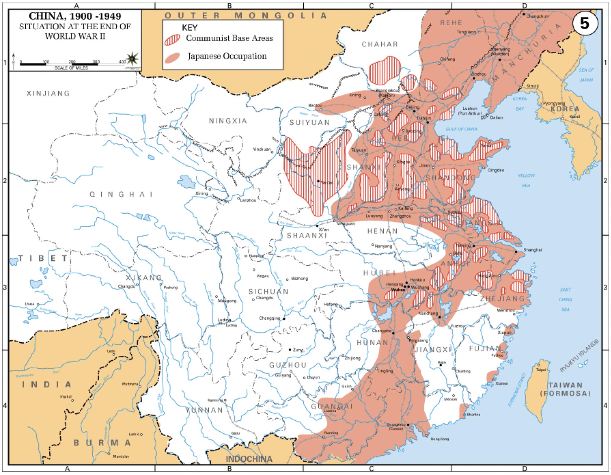 Map of China with the extent of Japanese occupation at the end of World War II shaded in red. Areas containing communist bases are shown using red and white stripes.