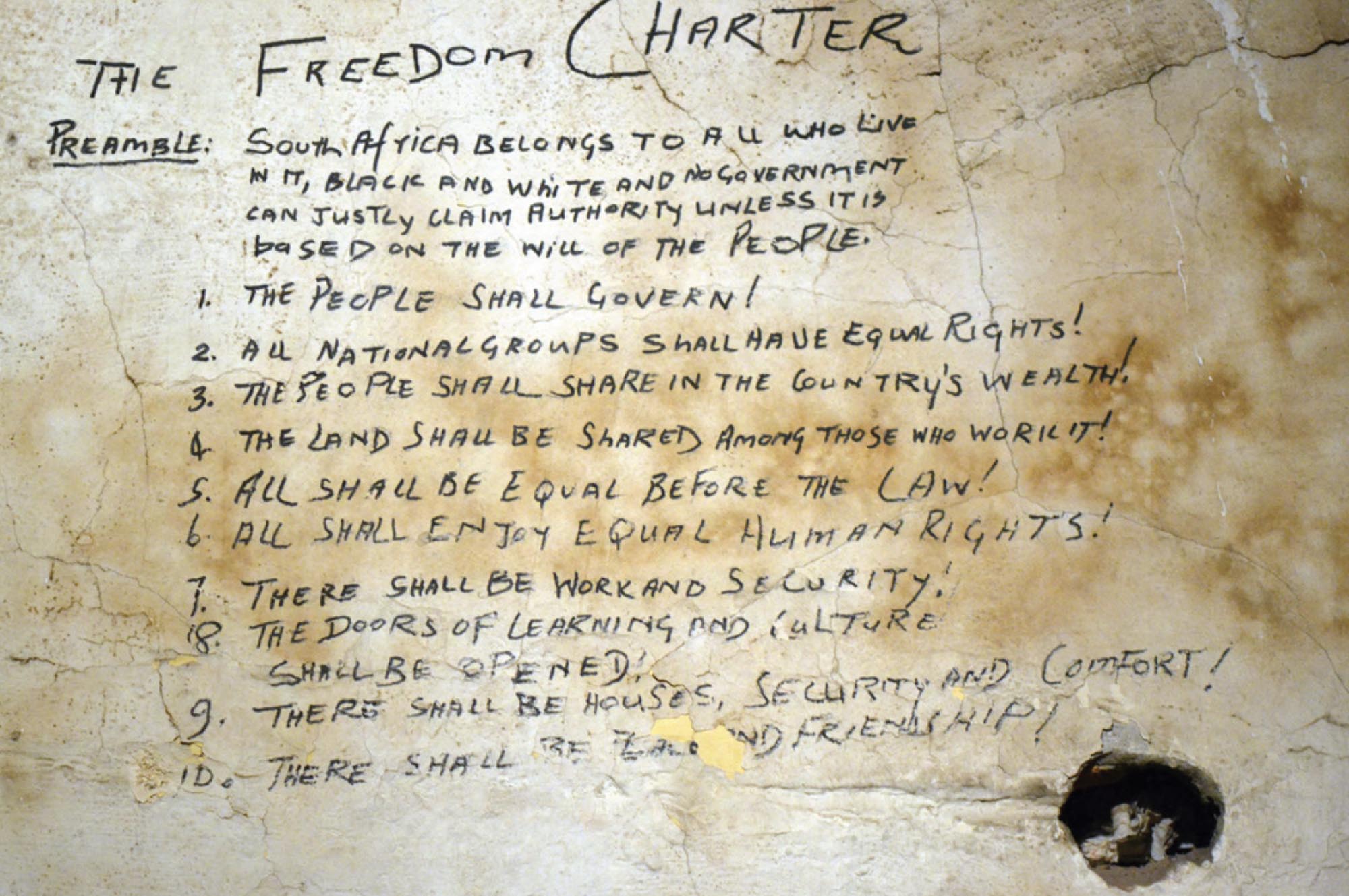 Photocopy of the South African Freedom Charter. The charter contains a preamble and ten core principles that outline the people’s desires for their country.
