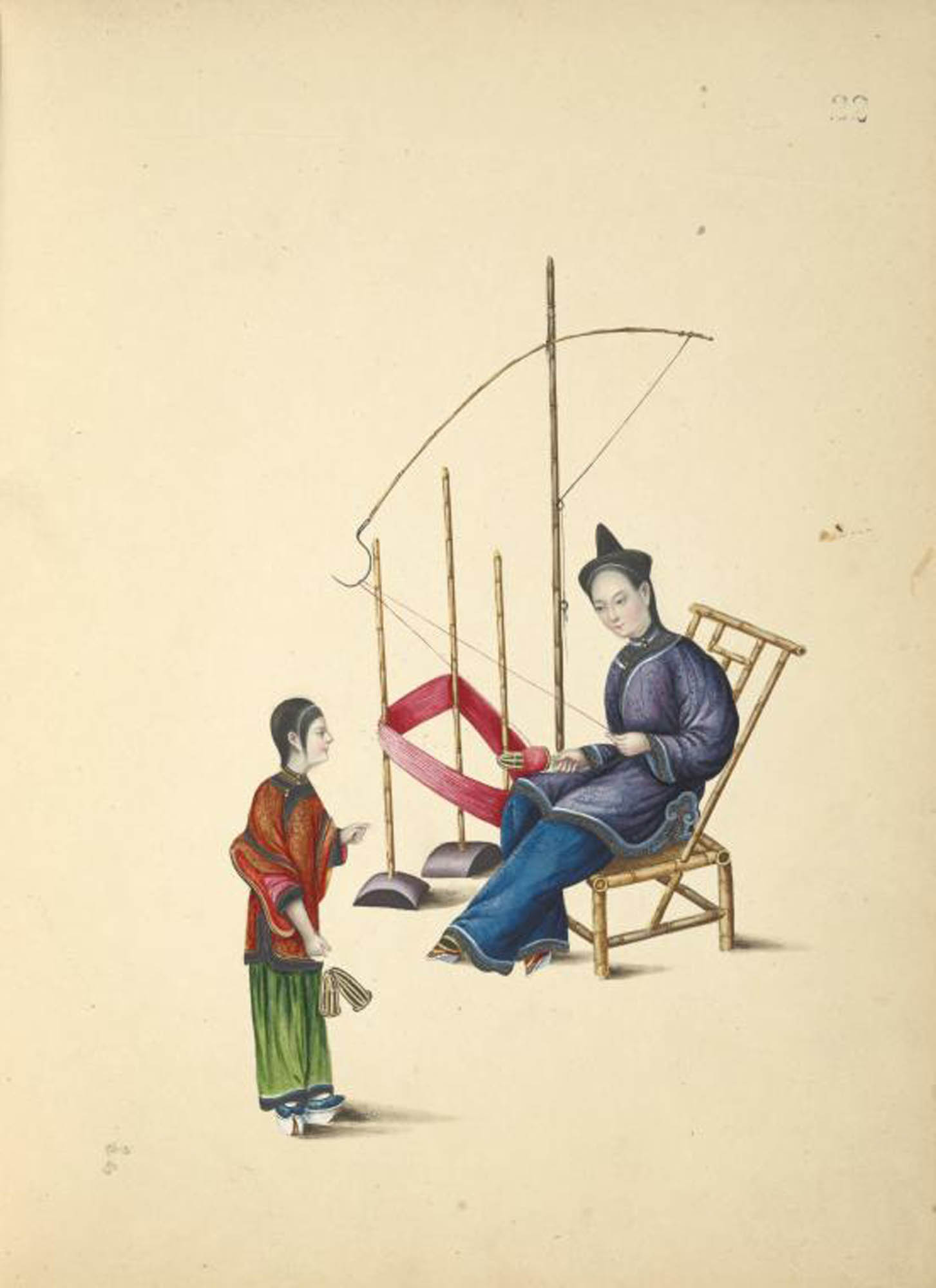 Painting of a Chinese artisan sitting in a bamboo chair as he puts silk thread onto spindles.