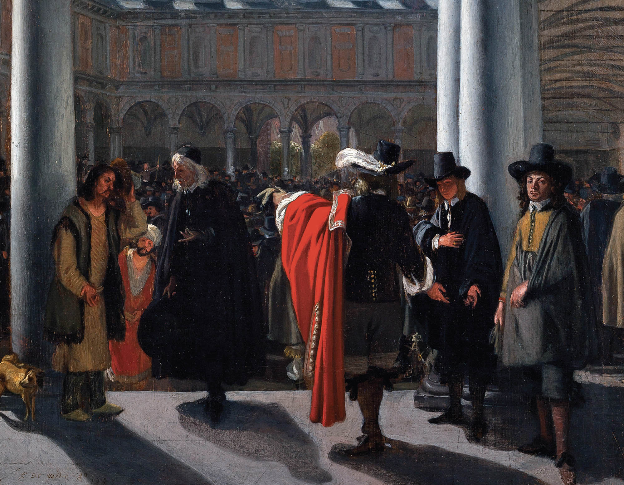 Painting of a large group of people gathered in a courtyard. A man wearing a red robe and feathered top hat is shown pointing out towards the crowd while speaking to another individual.