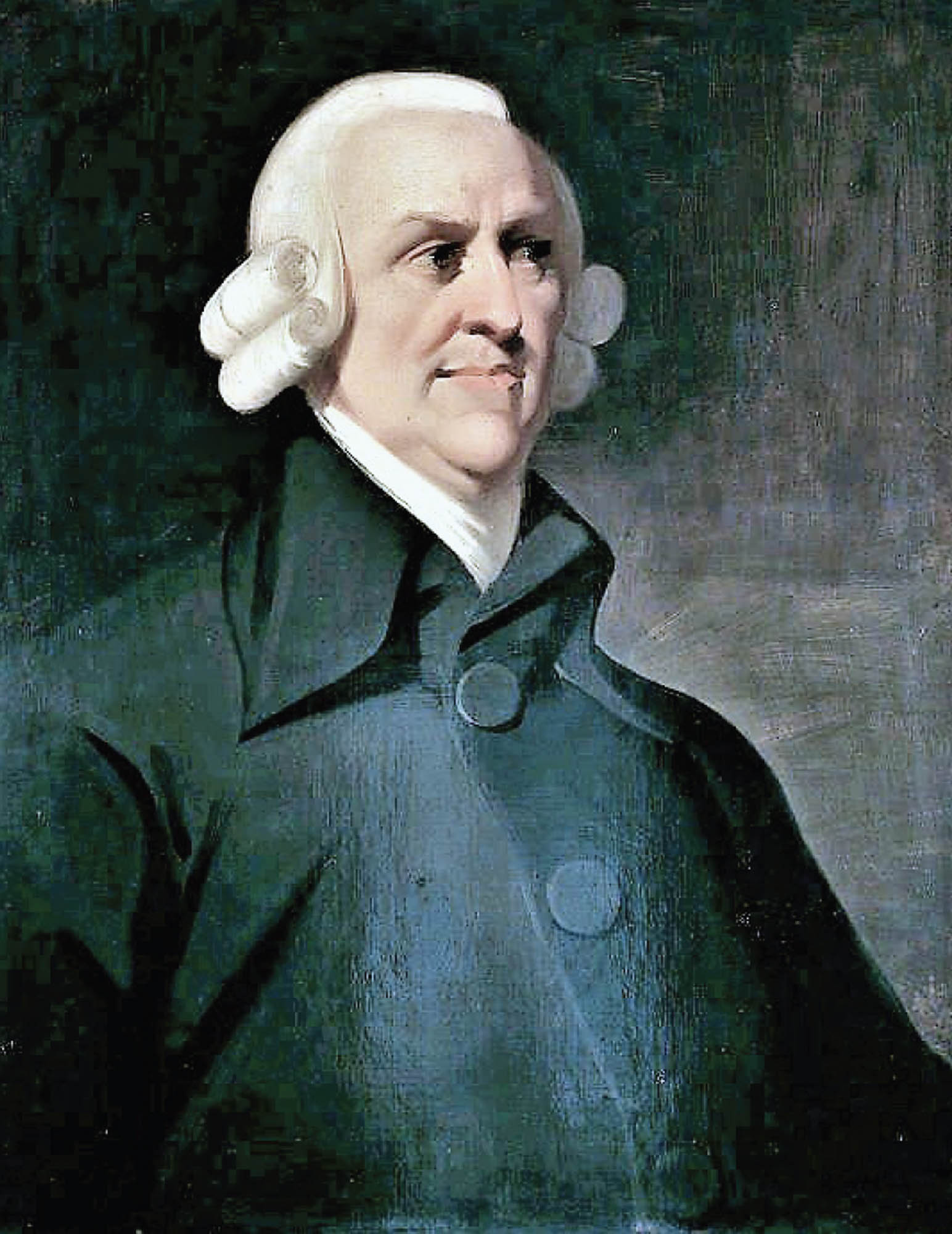 Portrait of Enlightenment philosopher Adam Smith. Smith is painted wearing a black, button up boat and is looking off to the side.