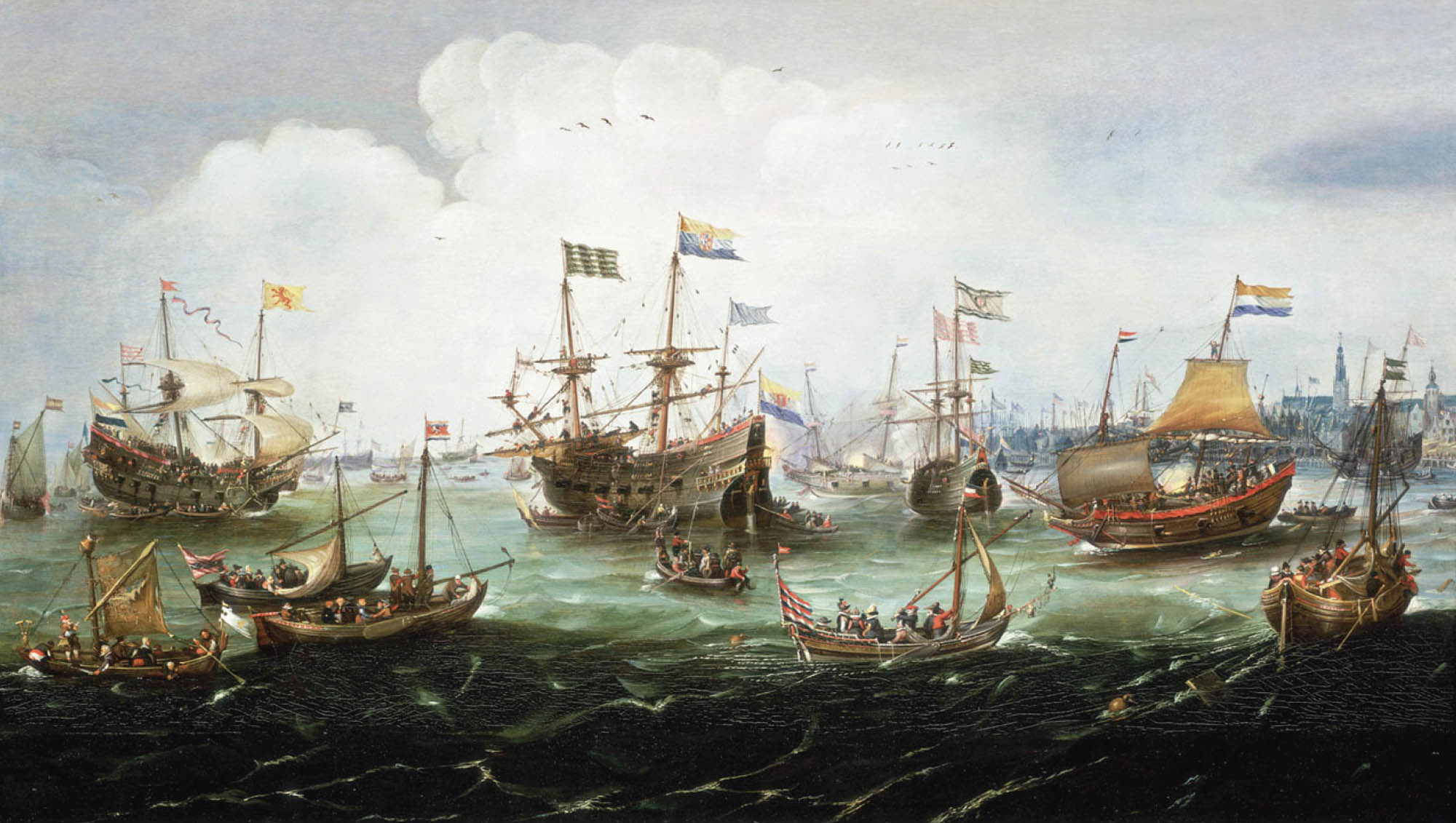Painting of large ships returning to port. Each ship is waving a different country’s flag. Smaller row boats can be seen following them in.
