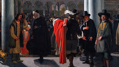 Painting of a large group of people gathered in a courtyard. A man wearing a red robe and feathered top hat is shown pointing out towards the crowd while speaking to another individual.