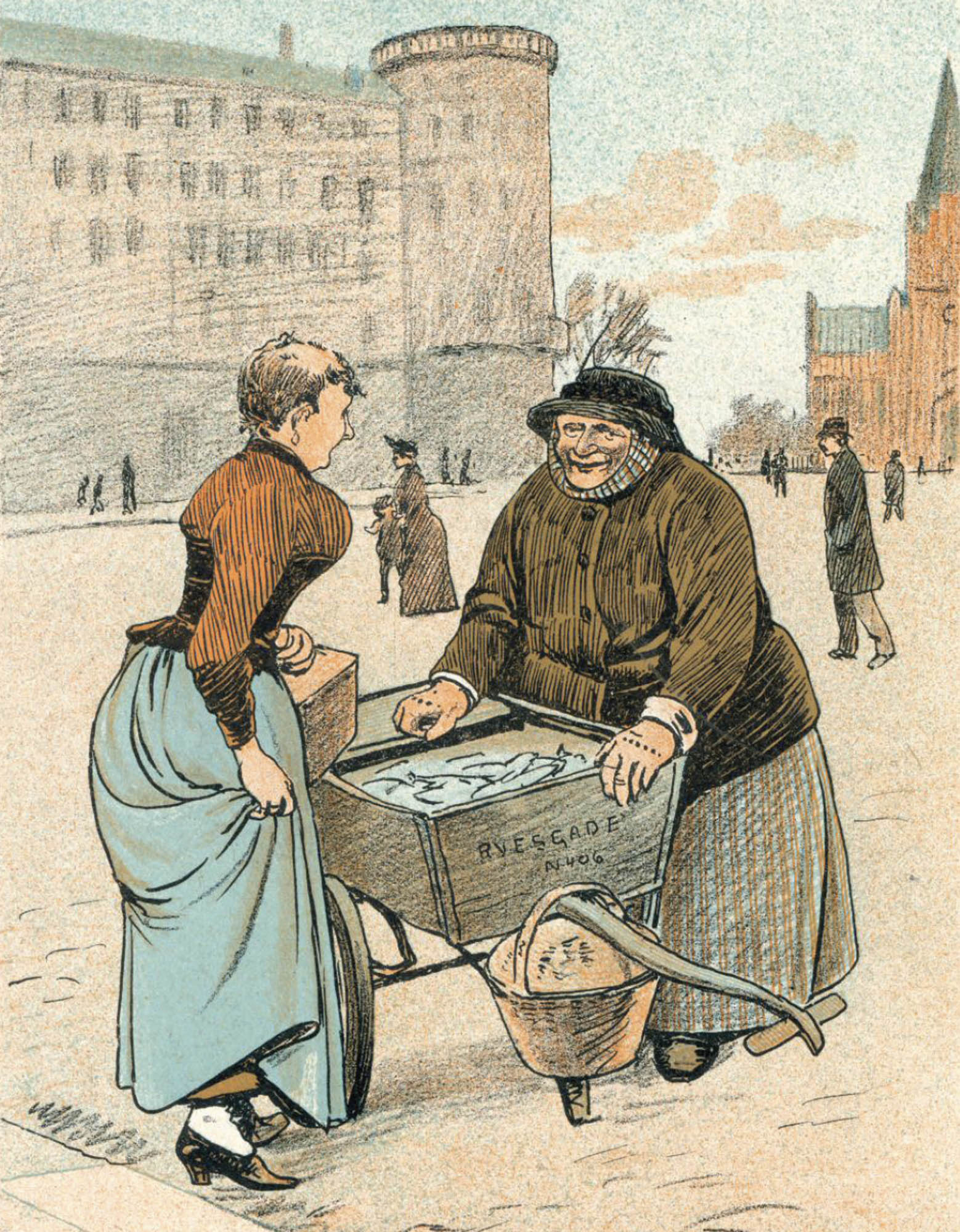 Painting of a middle-class woman talking to a working-class woman. The middle-class woman is dressed in nice shoes and a beautiful blouse and skirt while the working-class woman is depicted wearing more ragged clothing and pushing a wheelbarrow full of fish. 