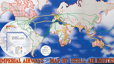 Imperial Airways map of the world showing airline routes of empire and European destinations.