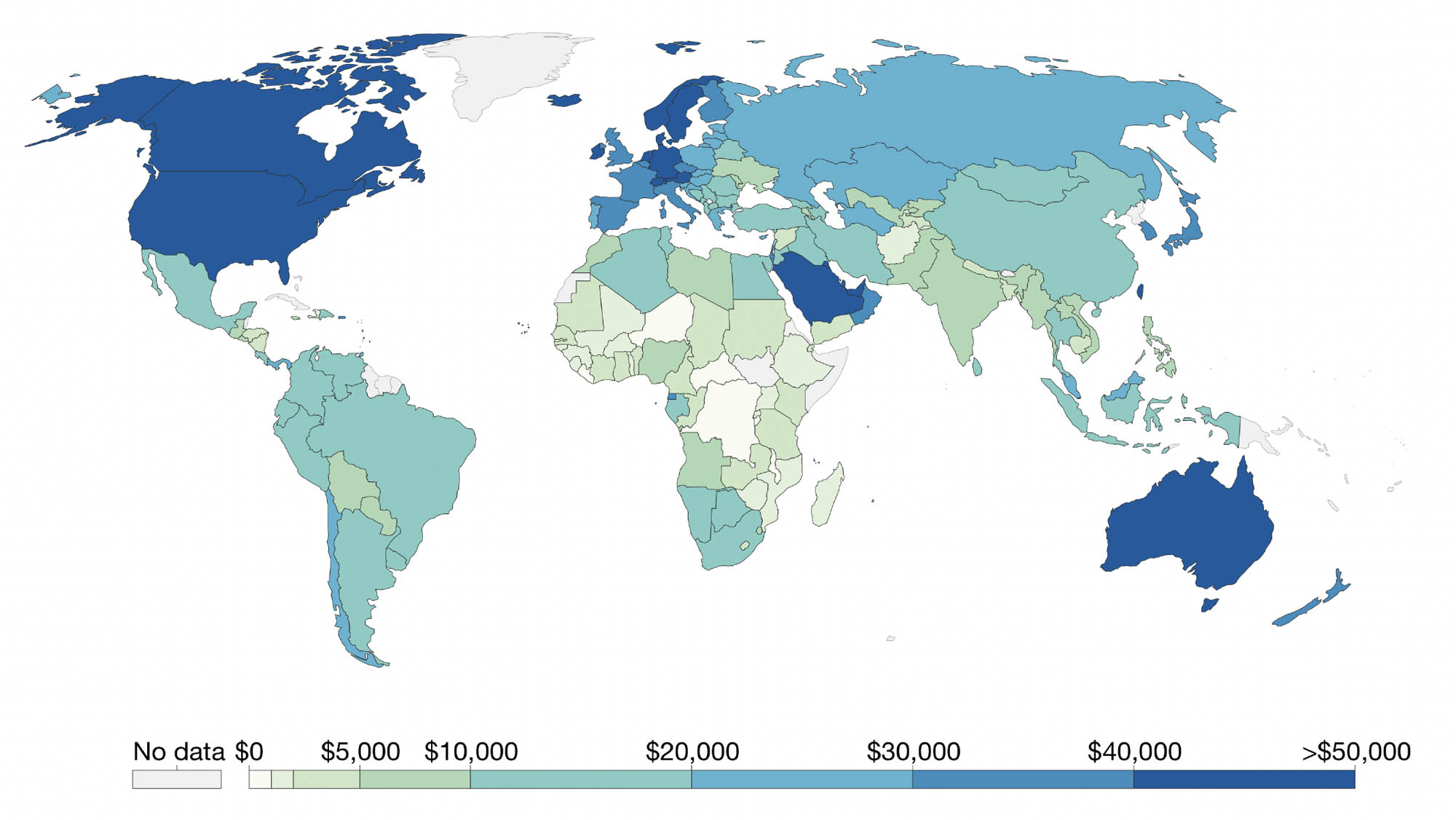 World map that uses various shades of blue to show the amount of GDP per capita in a country. Countries with the greatest GDP per capital include those in North America, Europe, parts of Asia, and Australia.