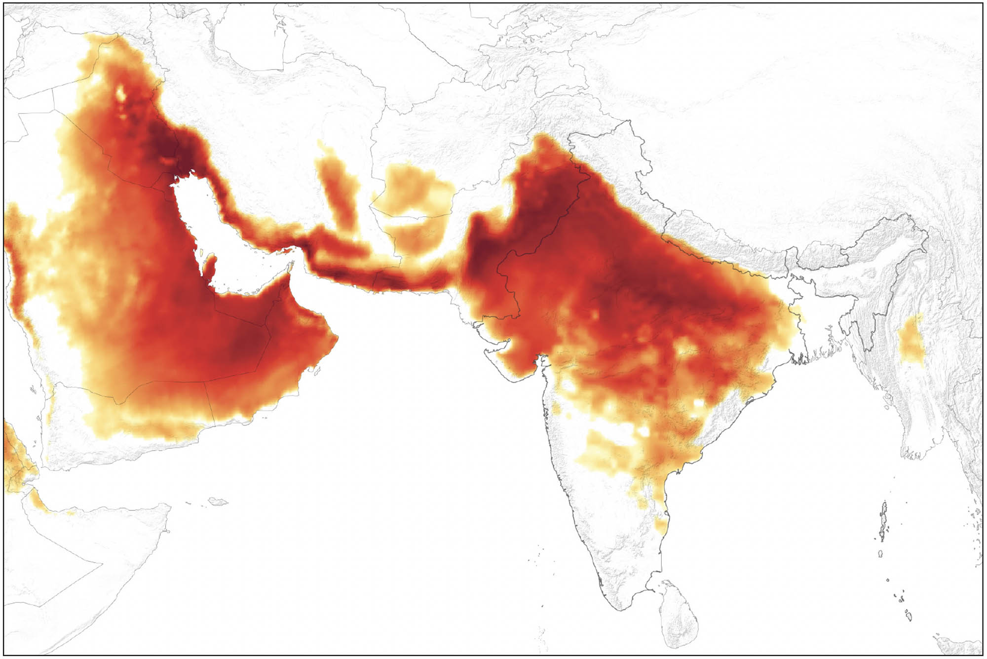 Thermal map of the Indian subcontinent showing the extreme heat wave endured by the area in June 2019. Areas that experienced the hottest temperatures are shaded in orange and dark red.