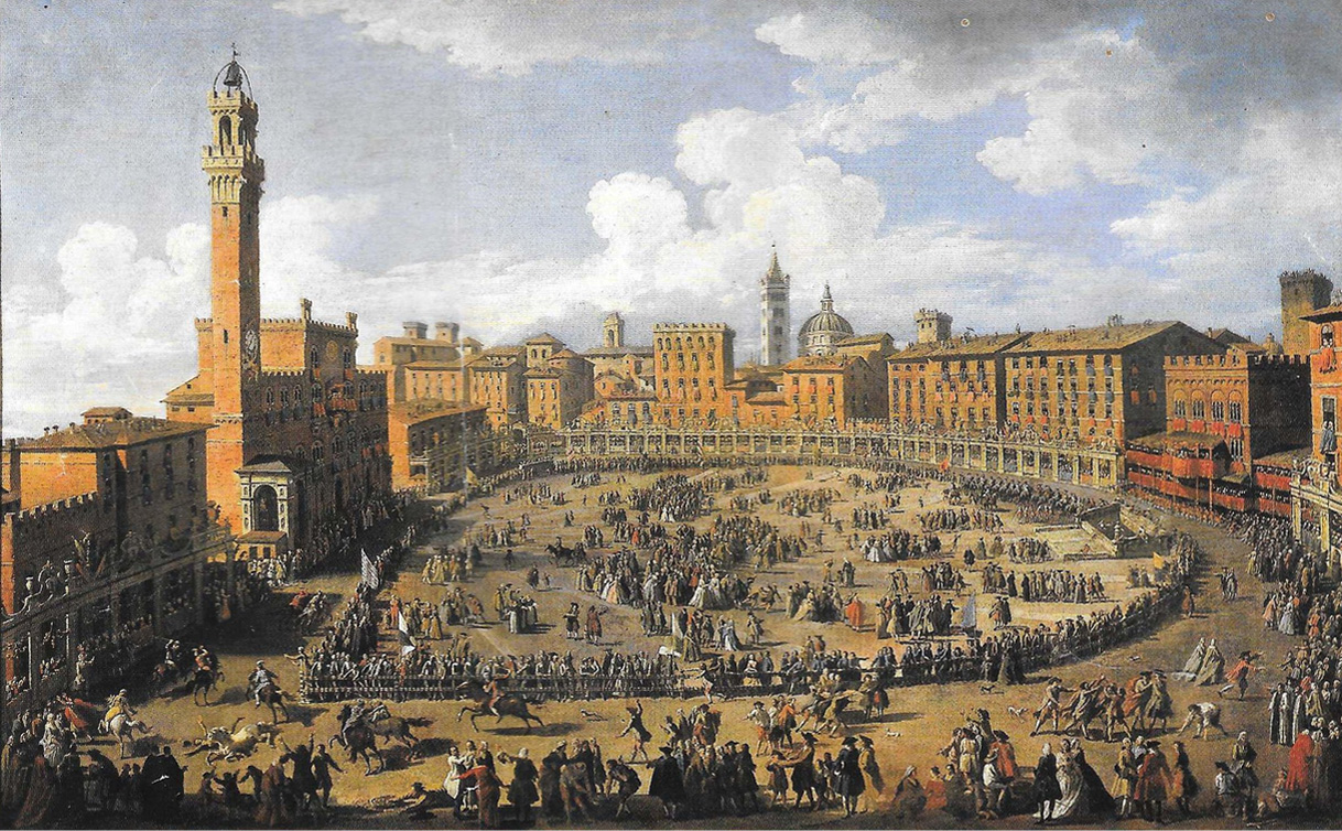 A painting of the Palio di Siena, a famous bareback horse race held in Siena, Italy. The racetrack goes around the perimeter of the plaza. A large crowd of spectators are in the infield and around the outside. 