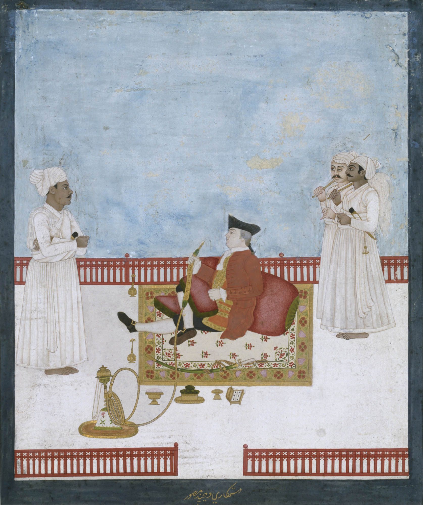 Painting of an East India company official sitting on a rug while Indian’s walk by wearing white robes.