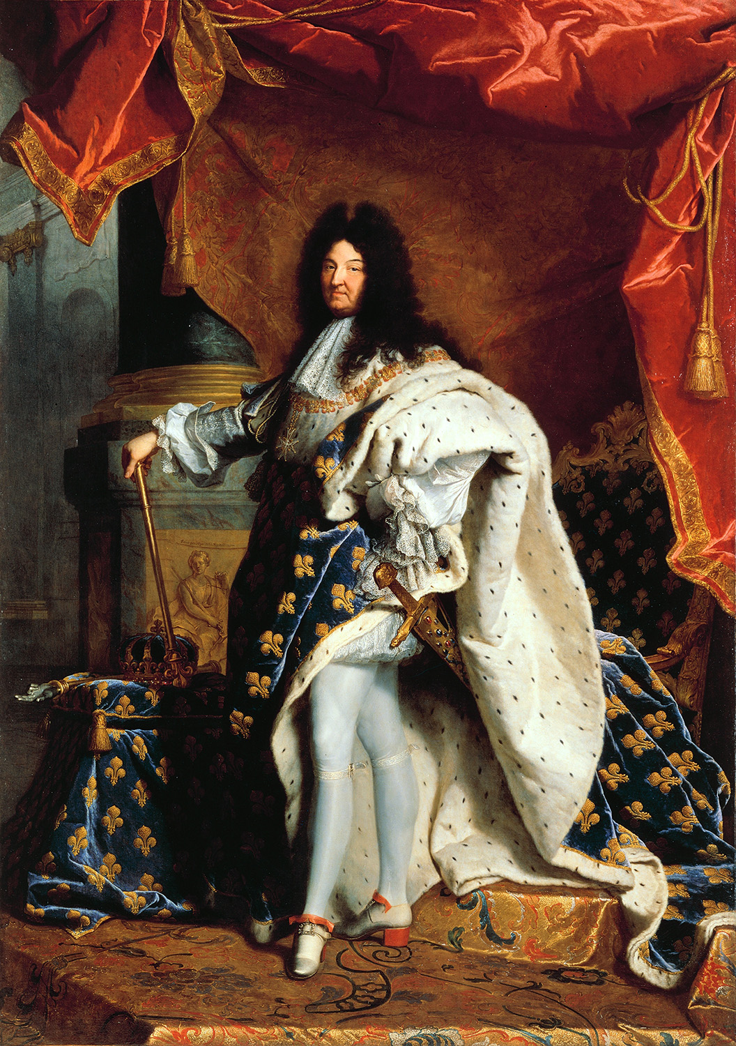 King Louis the 14th, dressed elaborately in rich furs and velvets. He stands in front of a luxuriously decorated background with red drapes and marble columns.