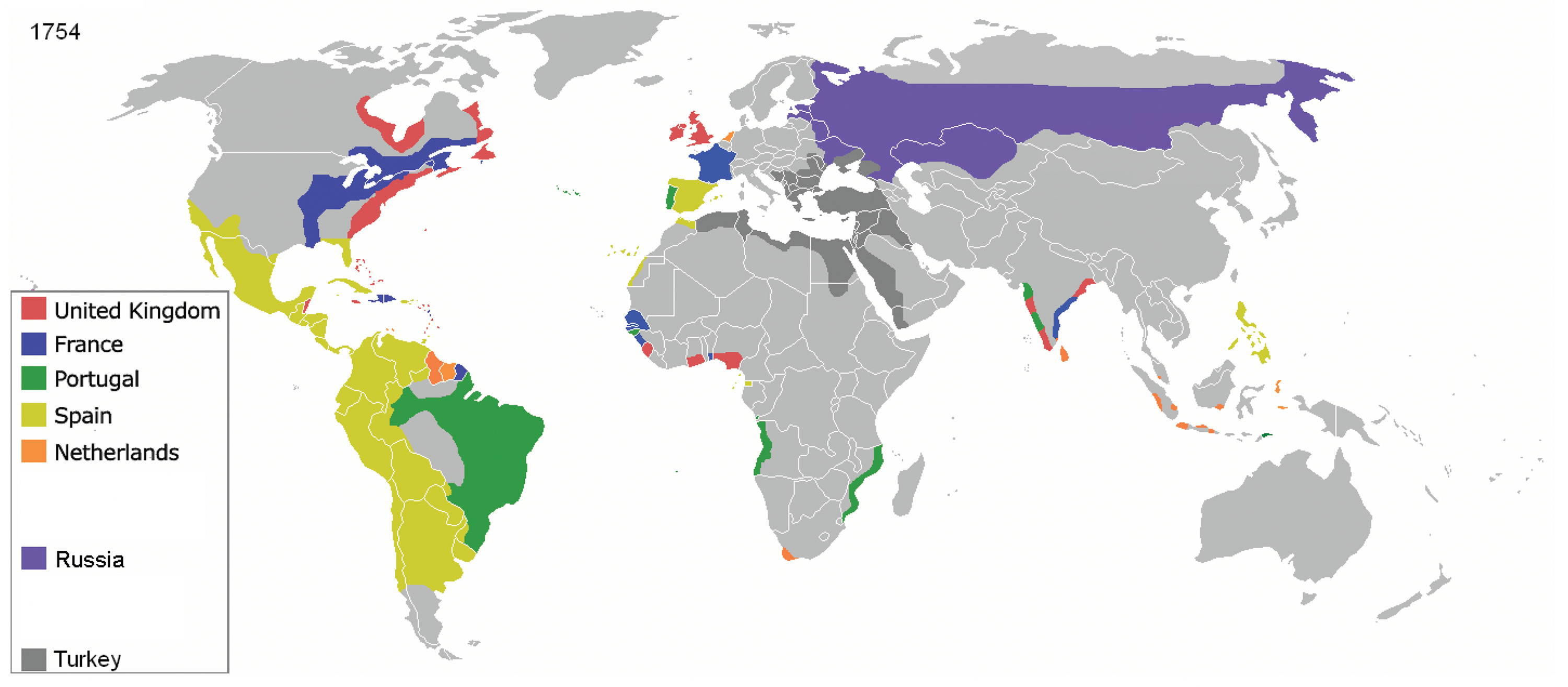 World map with the European colonies outlined in red, blue, green, yellow, orange, purple, and grey. Each color belongs to a different European nation/empire.