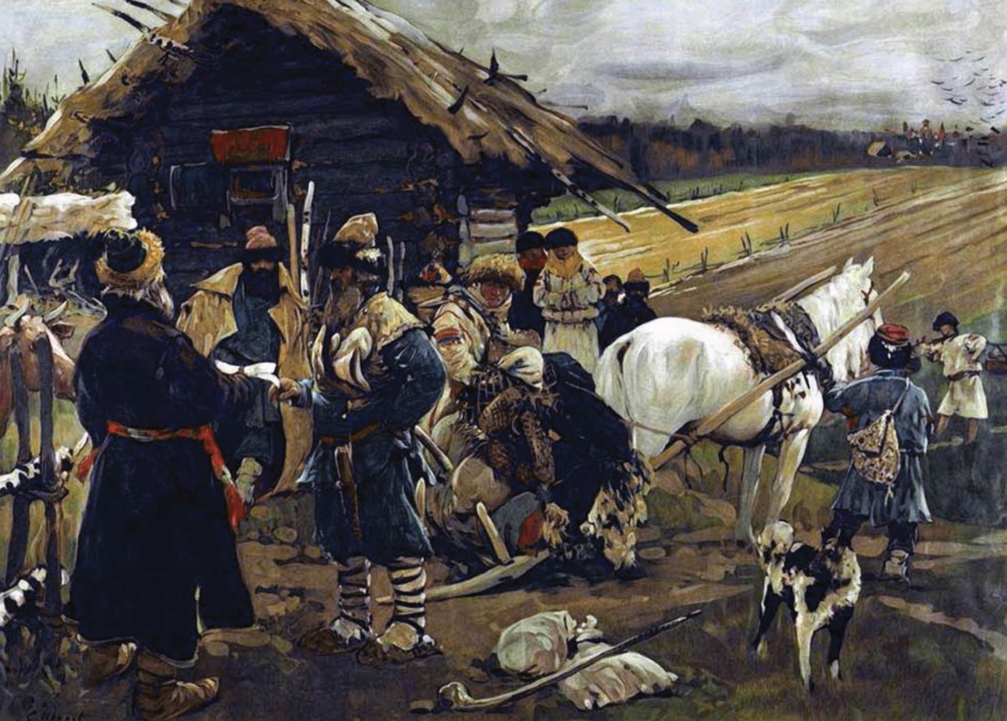 Painting of a Russian serf and his landlord as they bid each other goodbye. The serf’s belongings are all packed up and ready to be carried to his next destination by a white horse.