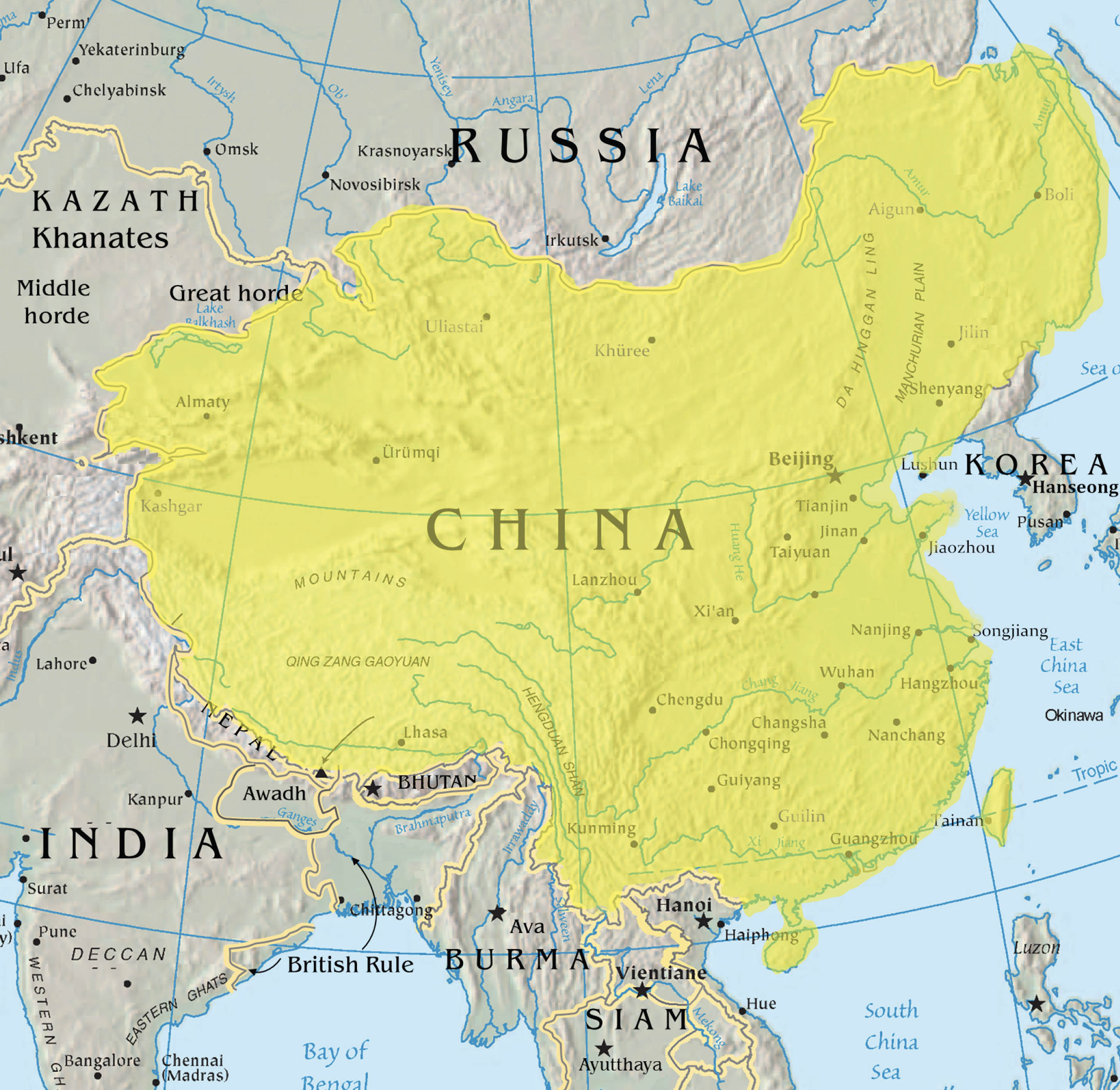 Drawing of Chinese citizens kneeling as the emperor of the Qing dynasty enters the court on horseback, followed by an entourage of servants and advisors.   