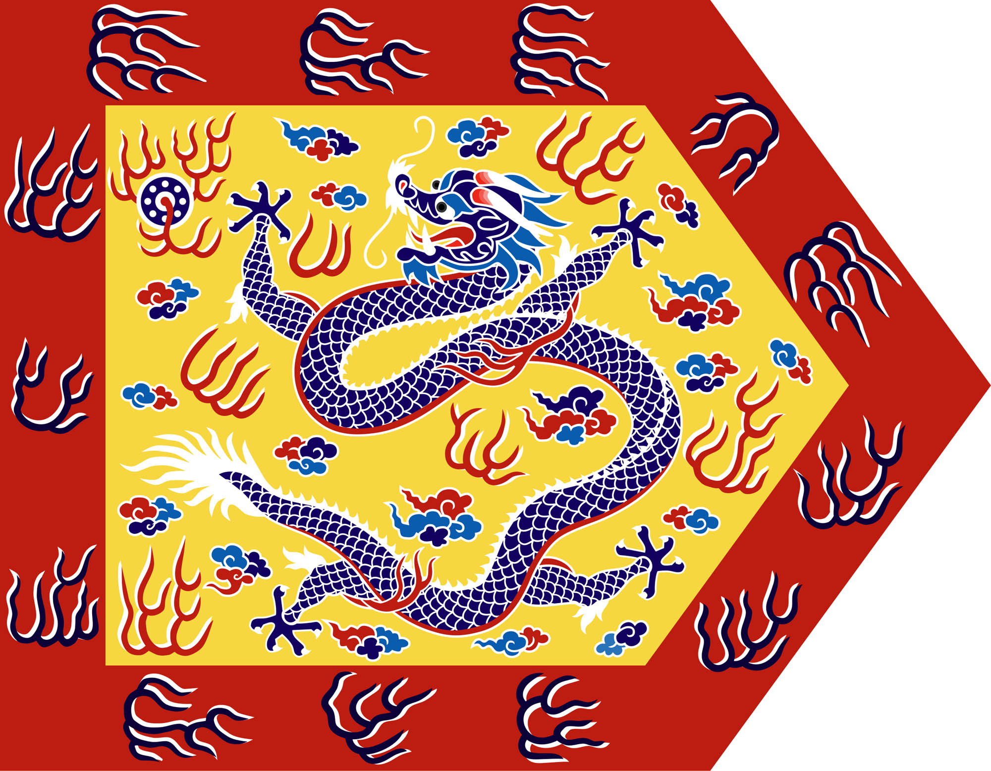 A yellow and red banner depicting a Chinese dragon with a snake-like body and four legs with claws.