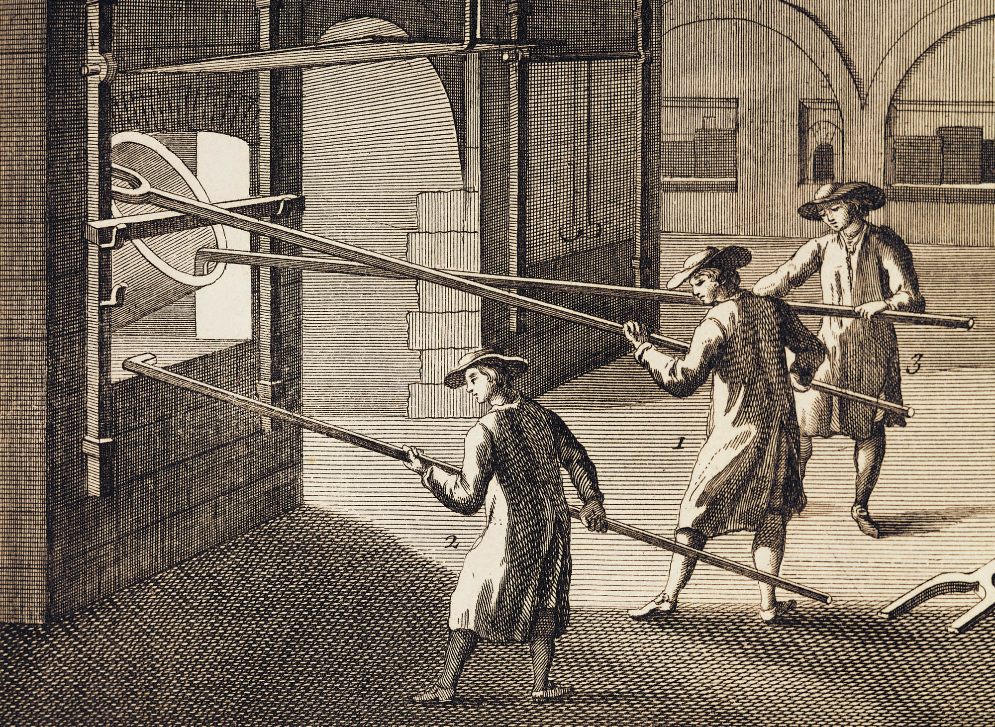 Engraving of three Italian men working in a factory. Each man has a long, metal rod that they use to tend to a hot furnace containing molten glass.