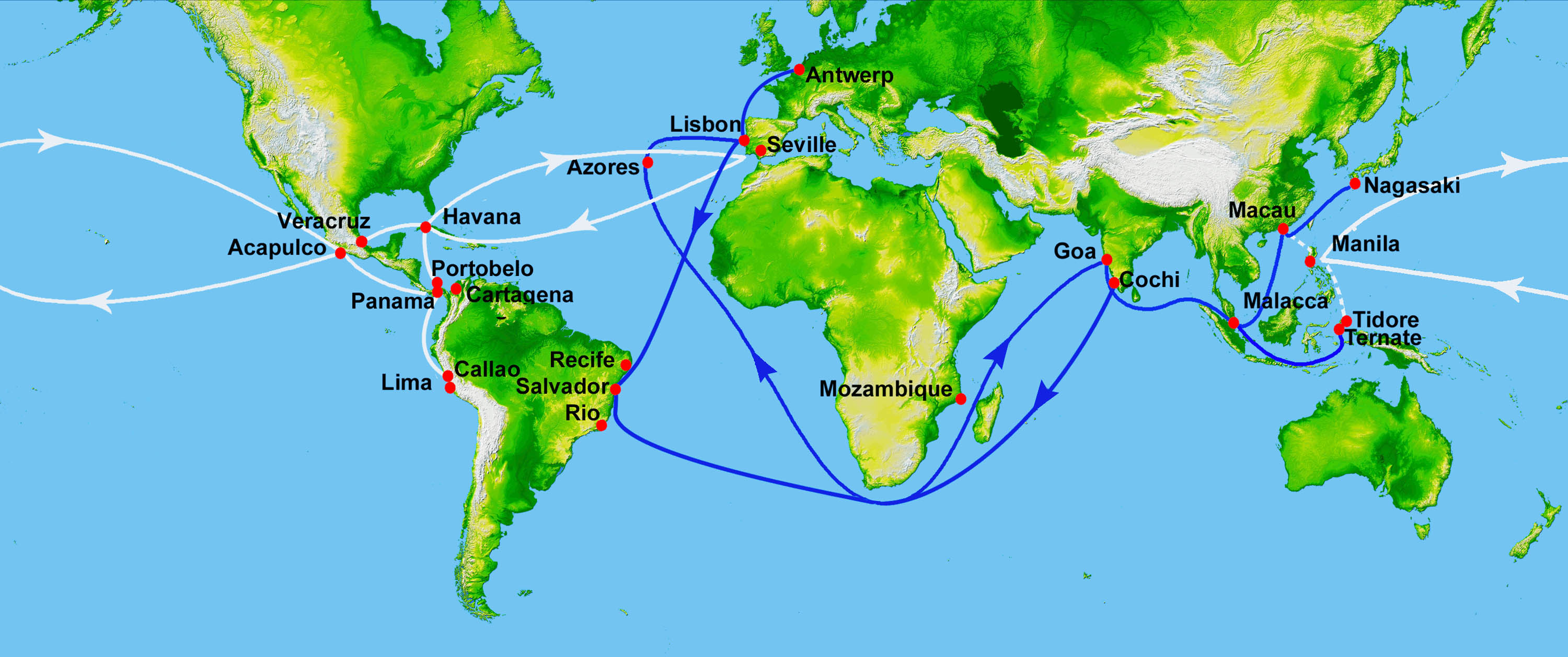 Map of the world depicting sea routes used by the Spanish for trade.